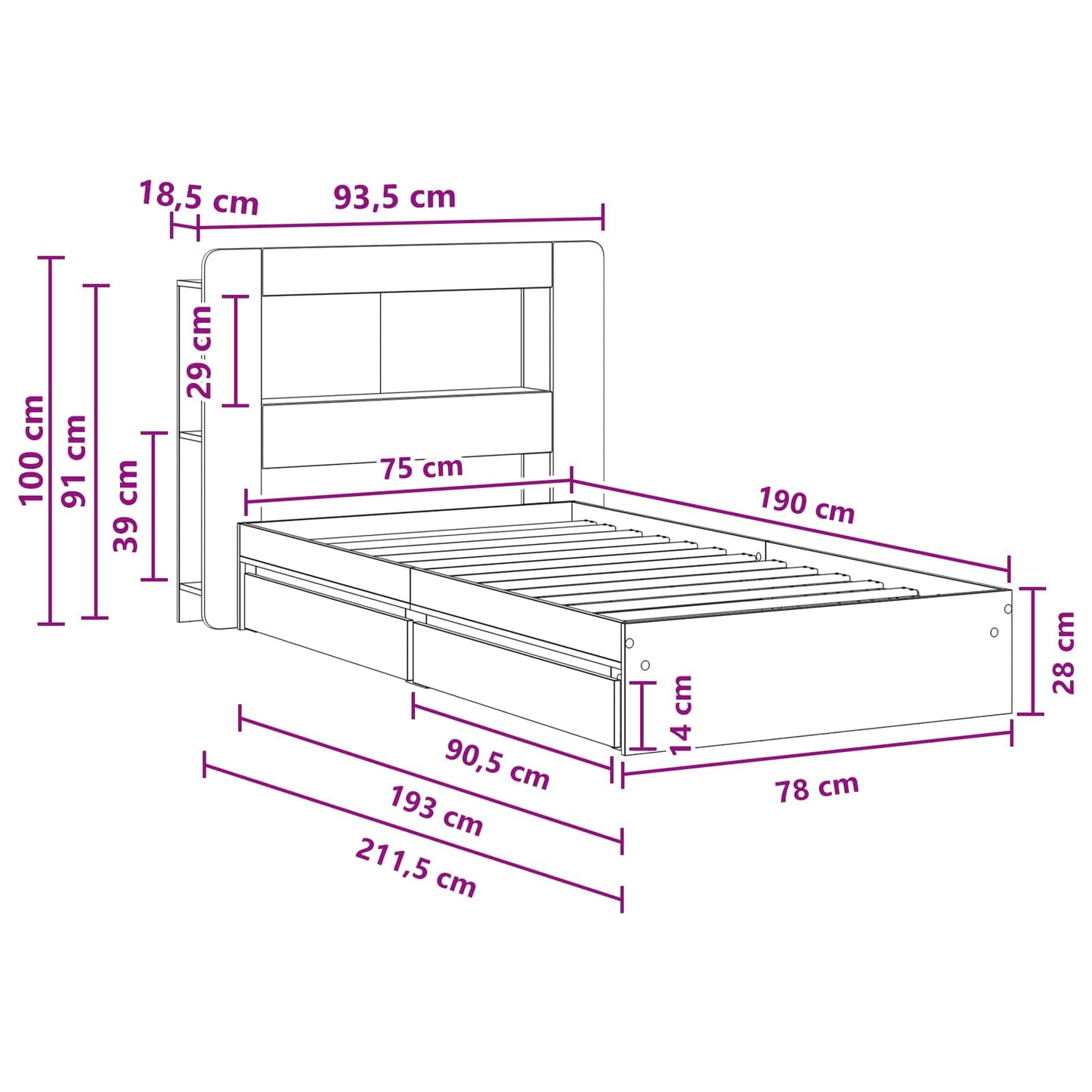 Sengestel med opbevaring Røget eg 75 x 190 cm Konstrueret træ