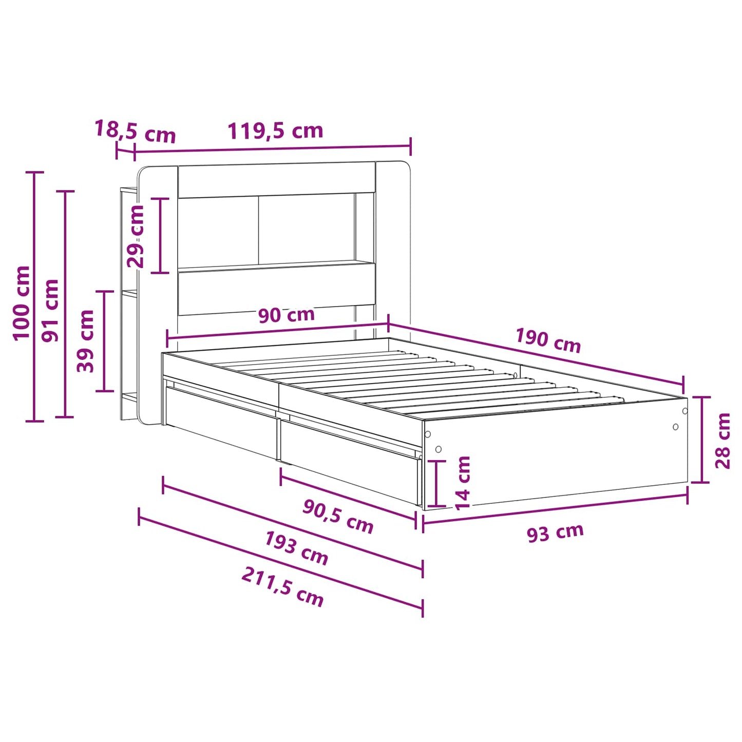 Sengestel med opbevaring Betongrå 90 x 190 cm Konstrueret træ