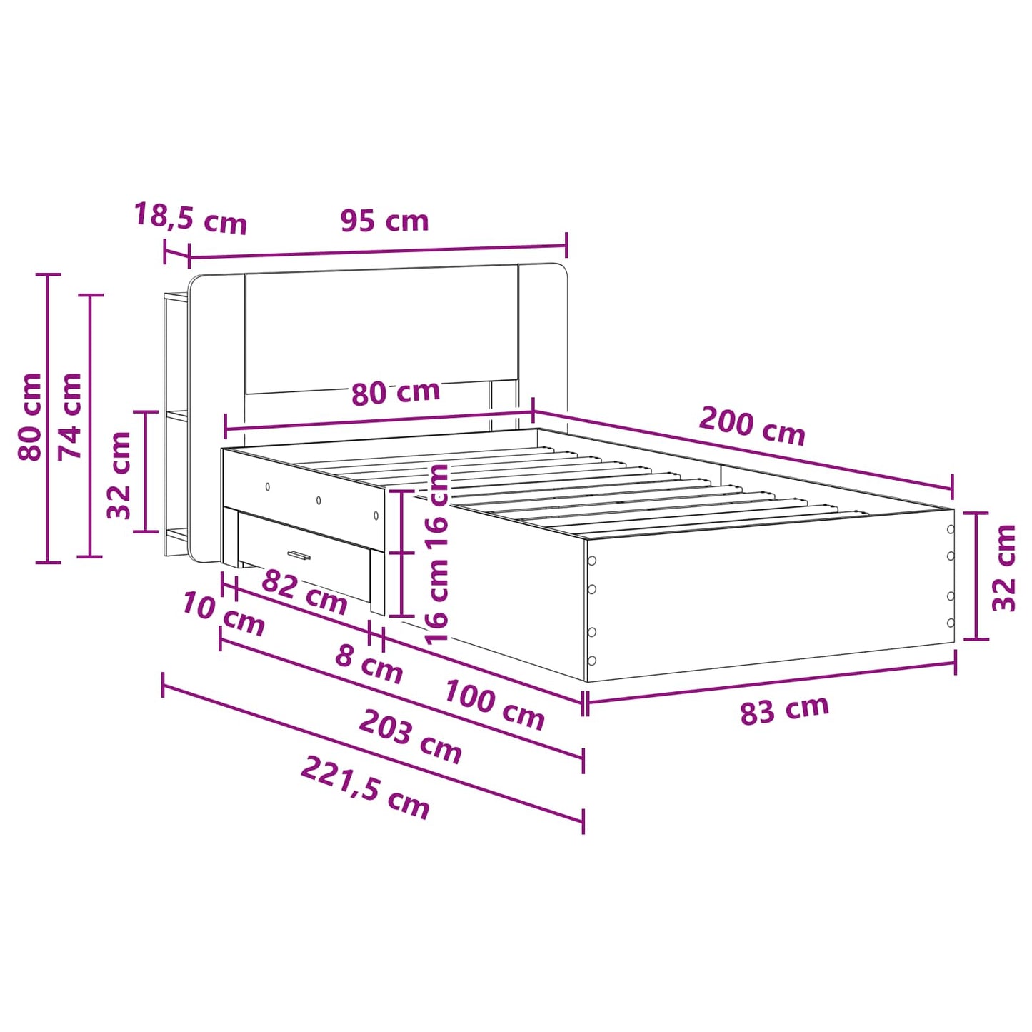 Sengestel med opbevaring Sonoma-eg 80 x 200 cm Konstrueret træ