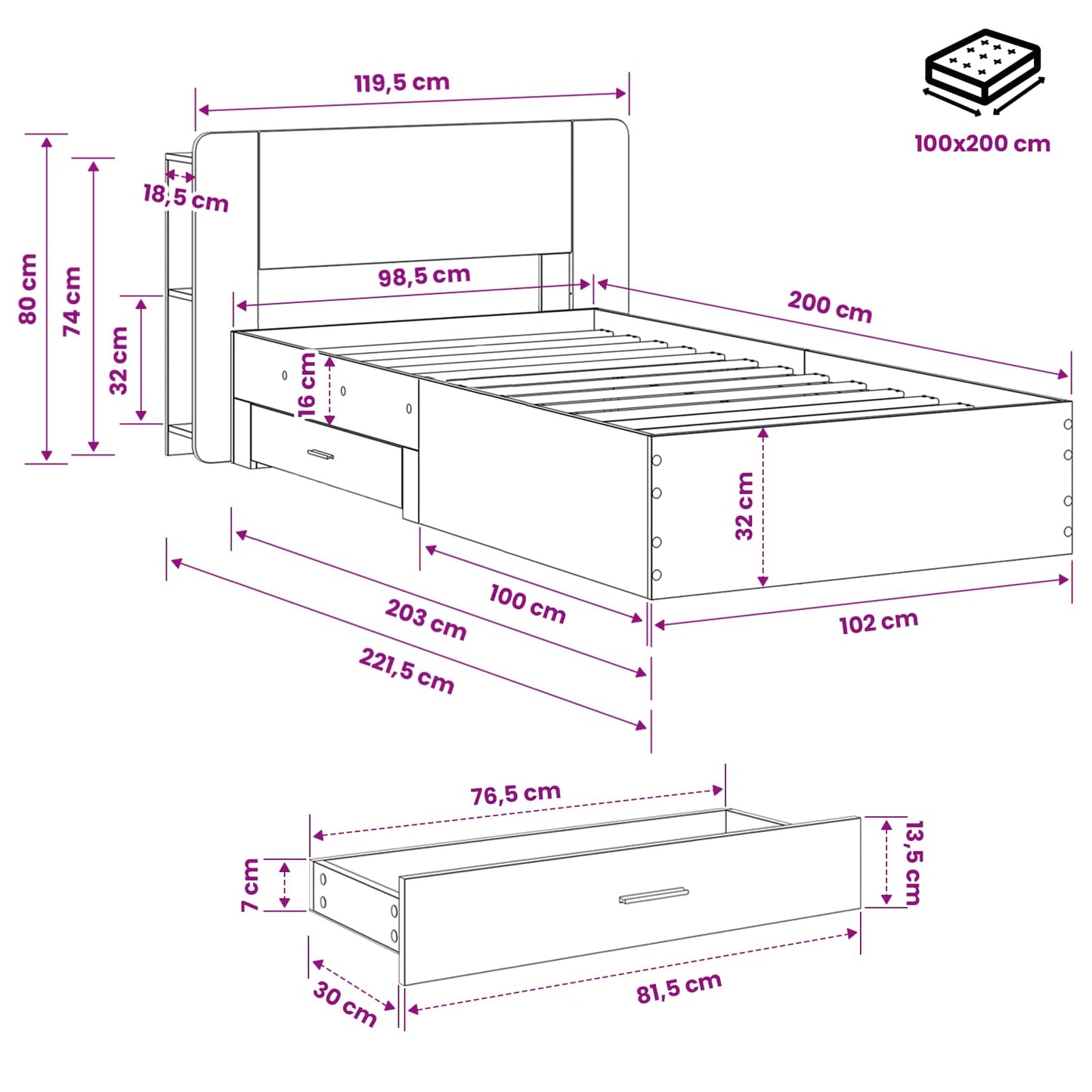 Sengestel med opbevaring med hovedgærde Artisan-eg 100 x 200 cm