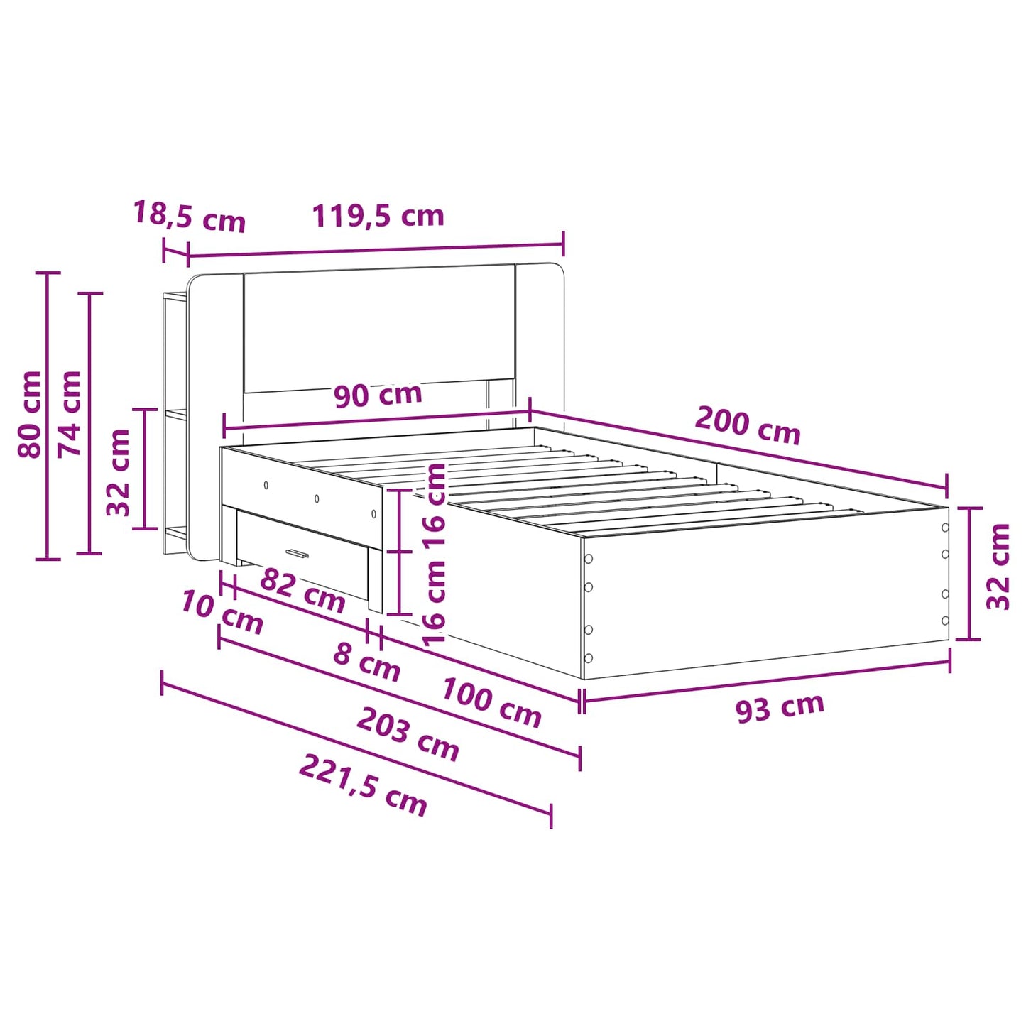 Sengestel med opbevaring Artisan-eg 90 x 200 cm Konstrueret træ