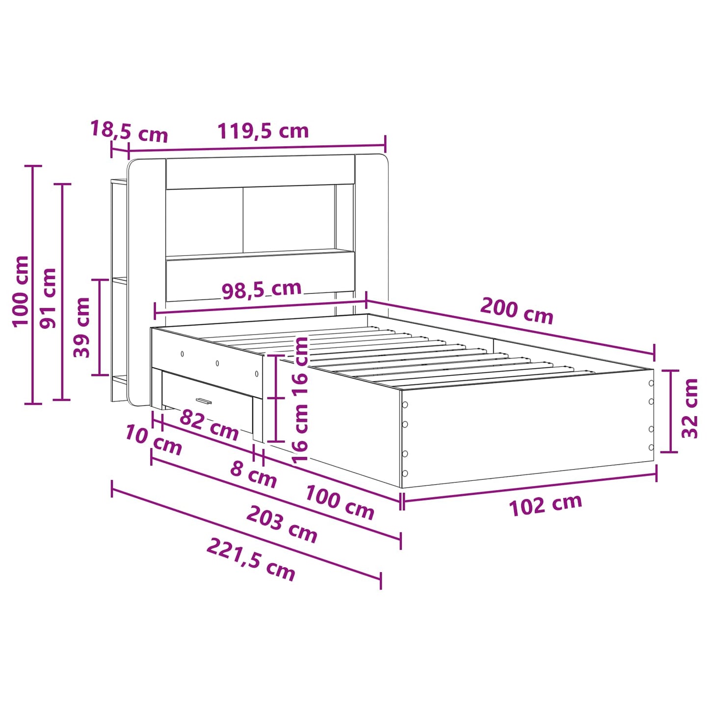 Sengestel med opbevaring med hovedgærde Grå Sonoma 100 x 200 cm