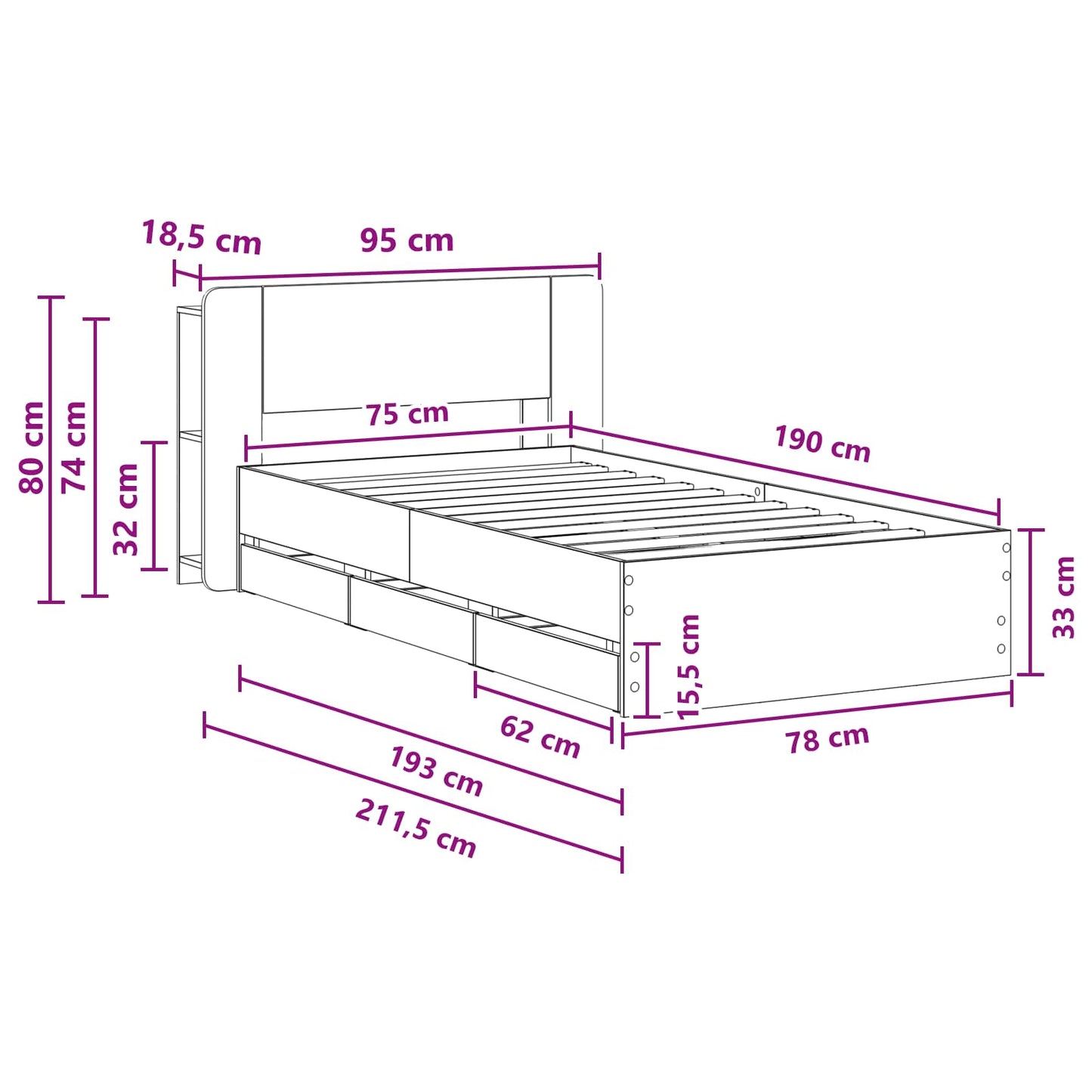 Sengestel med opbevaring og hovedgærde Sort 75 x 190 cm