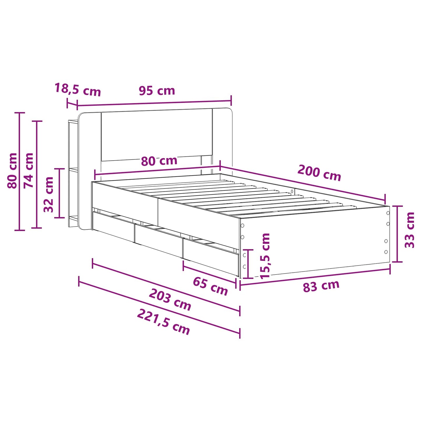 Sengestel med opbevaring og hovedgærde Betongrå 80 x 200 cm