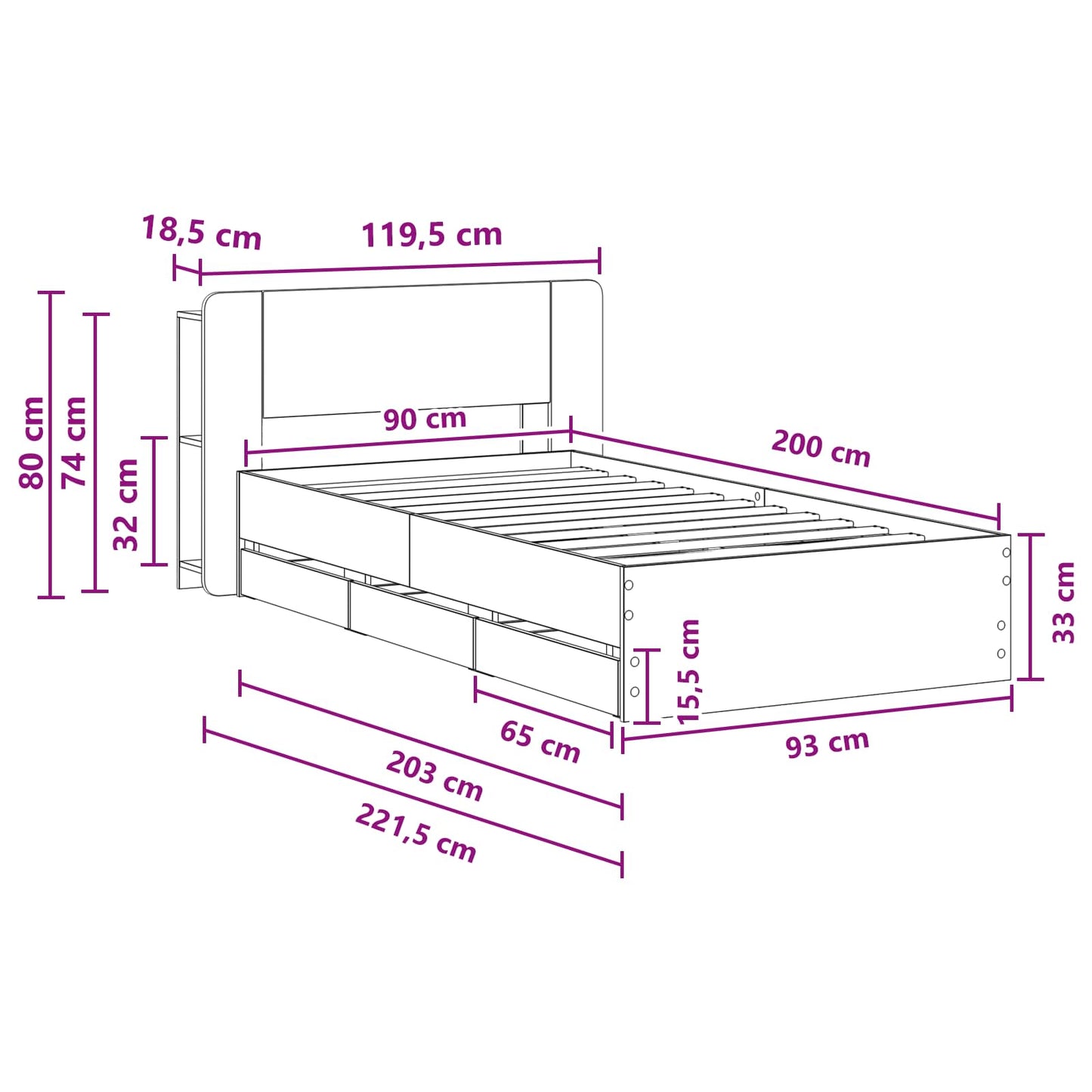 Sengestel med opbevaring Røget eg 90 x 200 cm Konstrueret træ