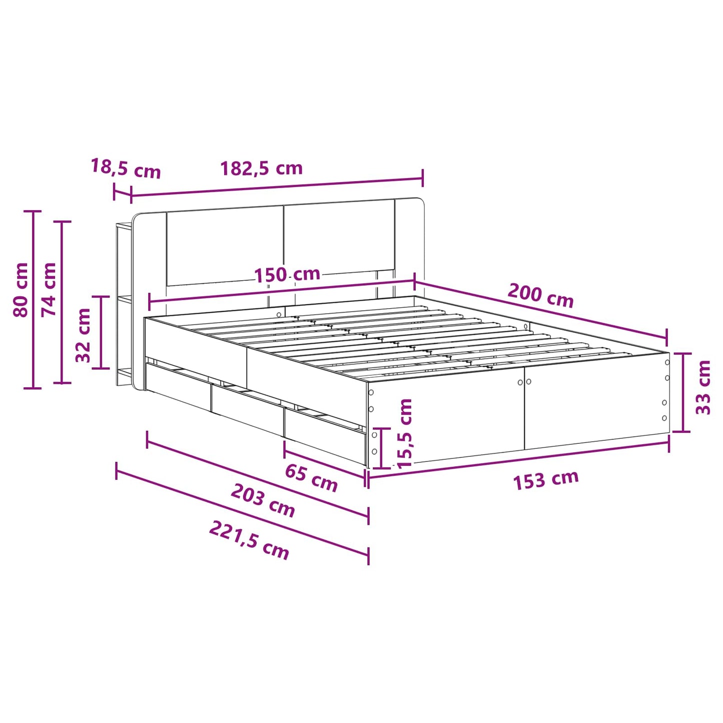 Sengestel med opbevaring og hovedgærde Betongrå 150 x 200 cm
