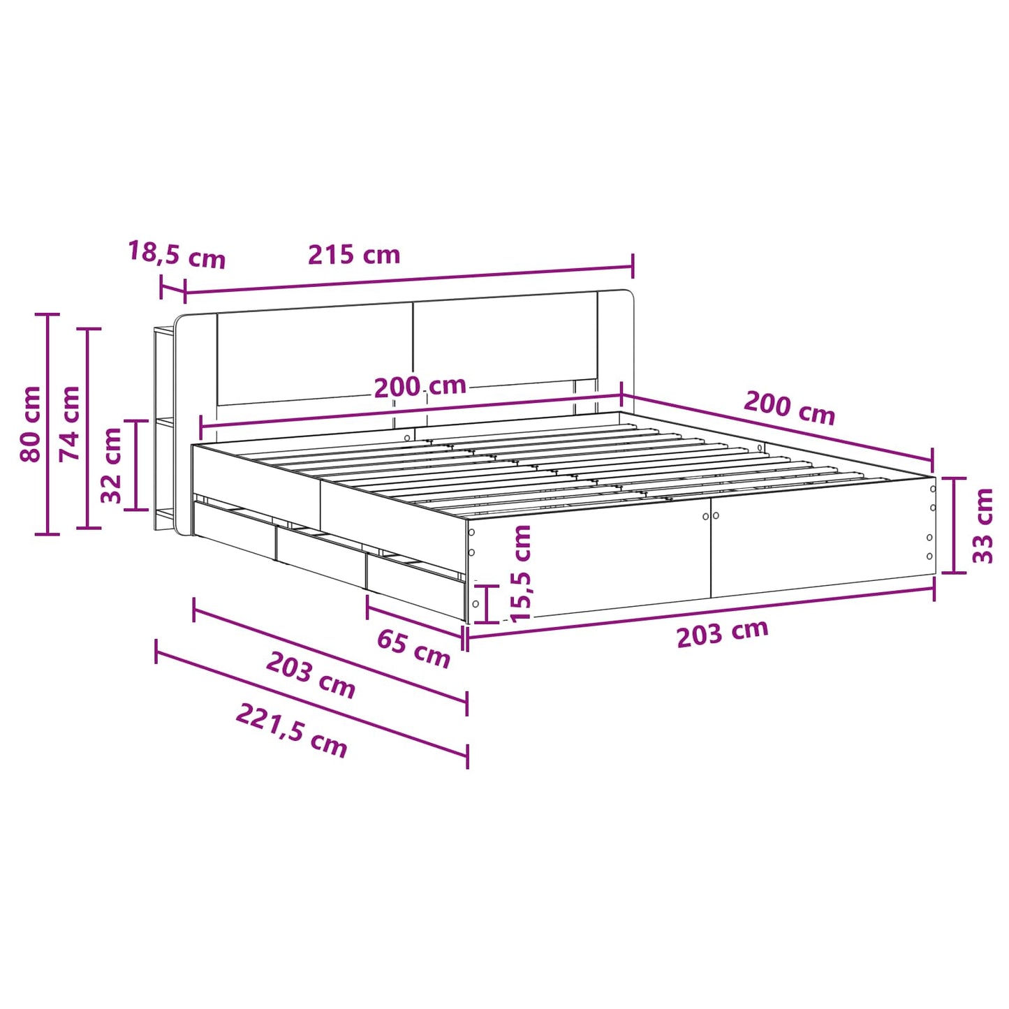 Sengestel med opbevaring med hovedgærde Grå Sonoma 200 x 200 cm