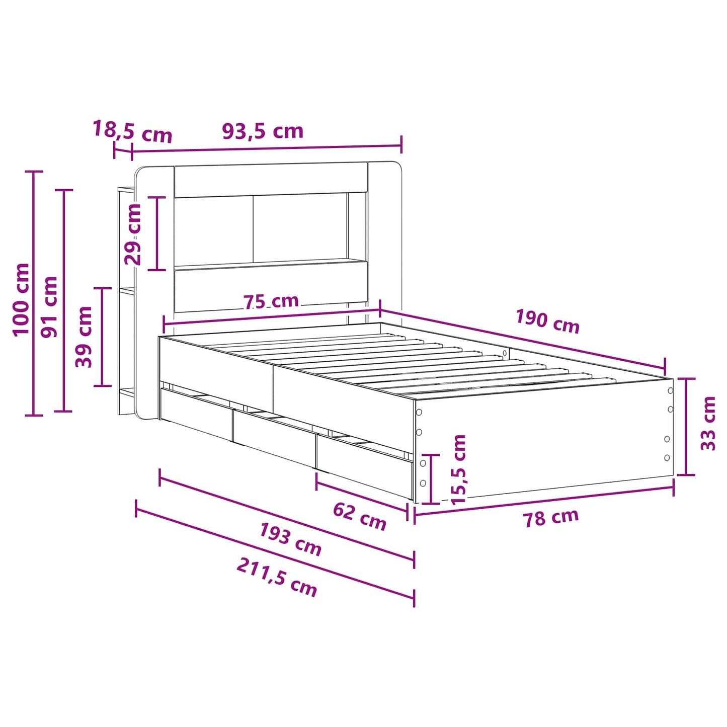 Sengestel med opbevaring og hovedgærde Sonoma-eg 75 x 190 cm