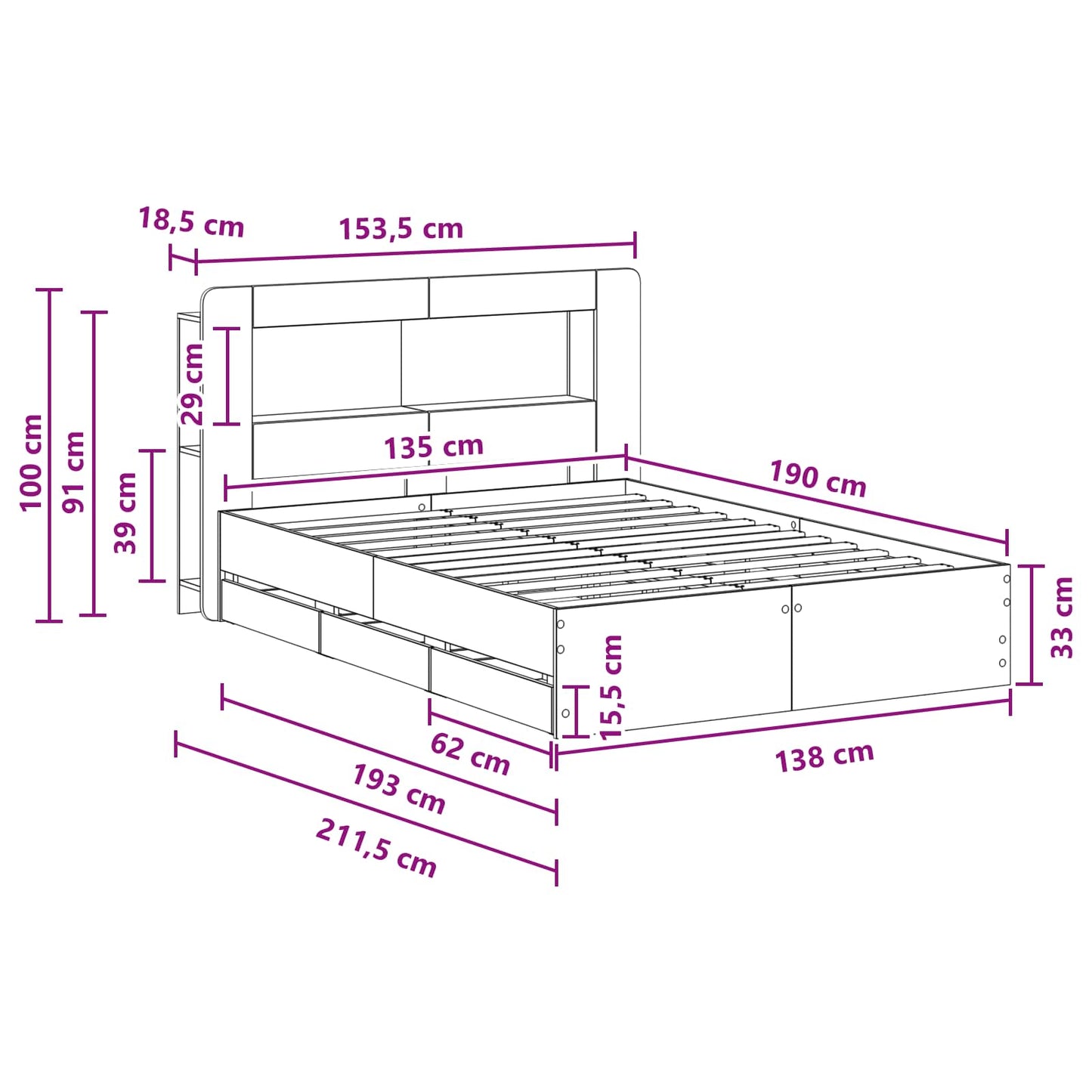 Sengestel med opbevaring Røget eg 135 x 190 cm Konstrueret træ