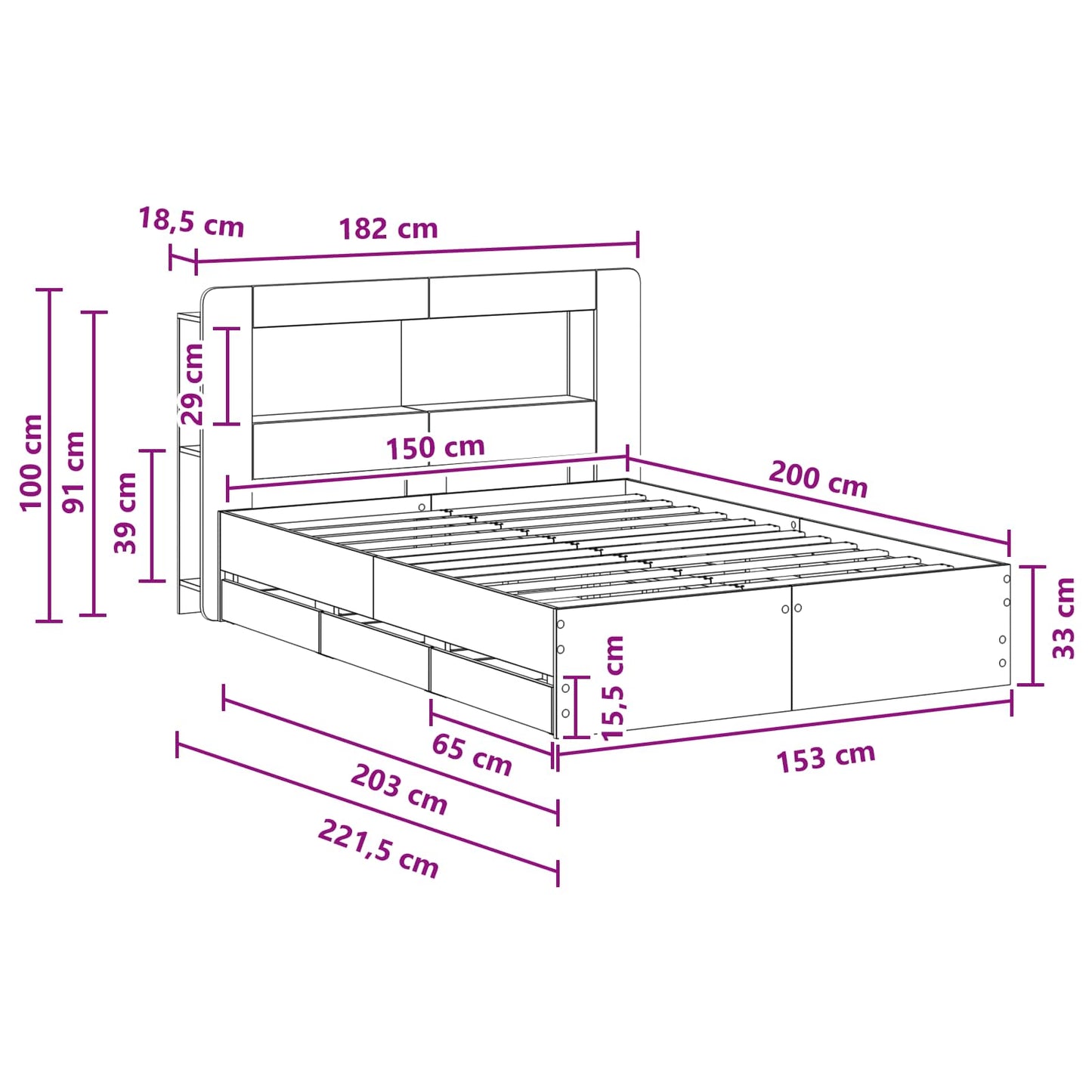 Sengestel med opbevaring og hovedgærde Betongrå 150 x 200 cm