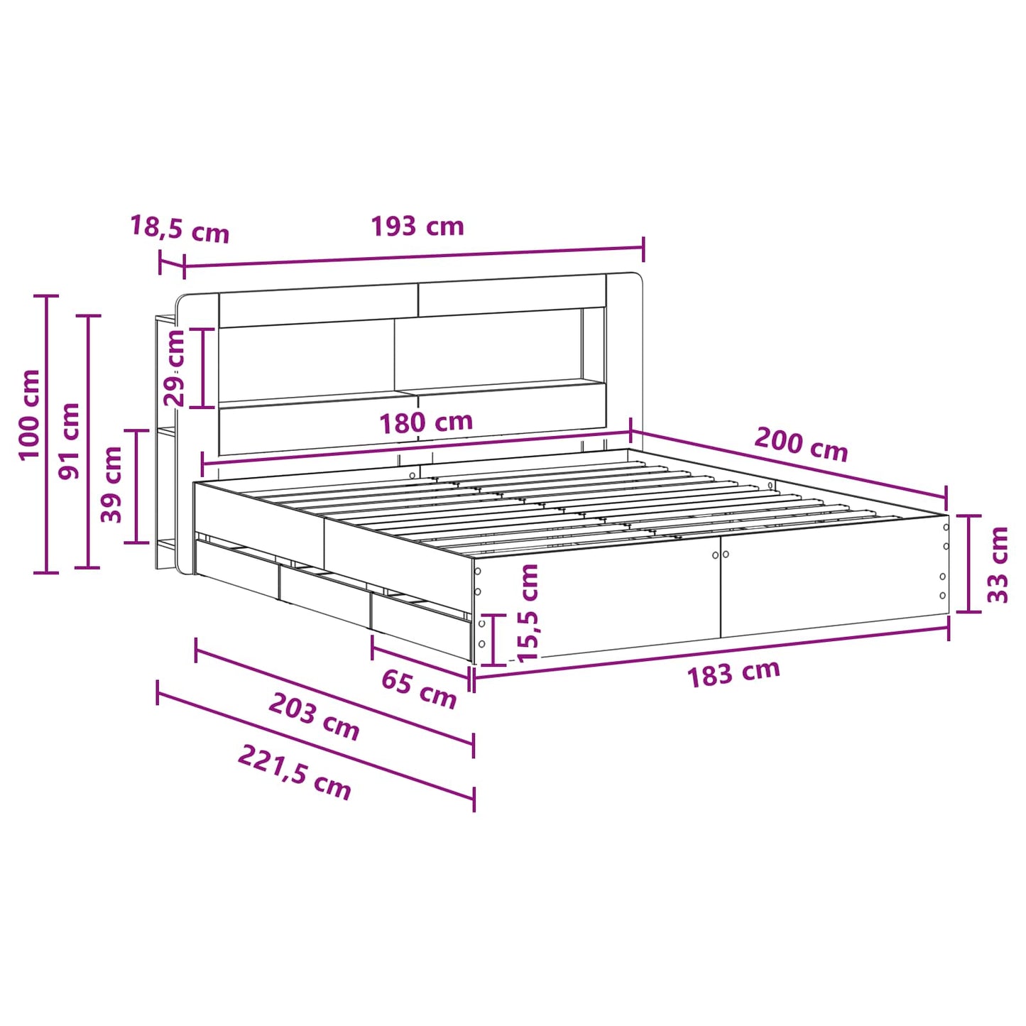 Sengestel med opbevaring Sort 180 x 200 cm Konstrueret træ