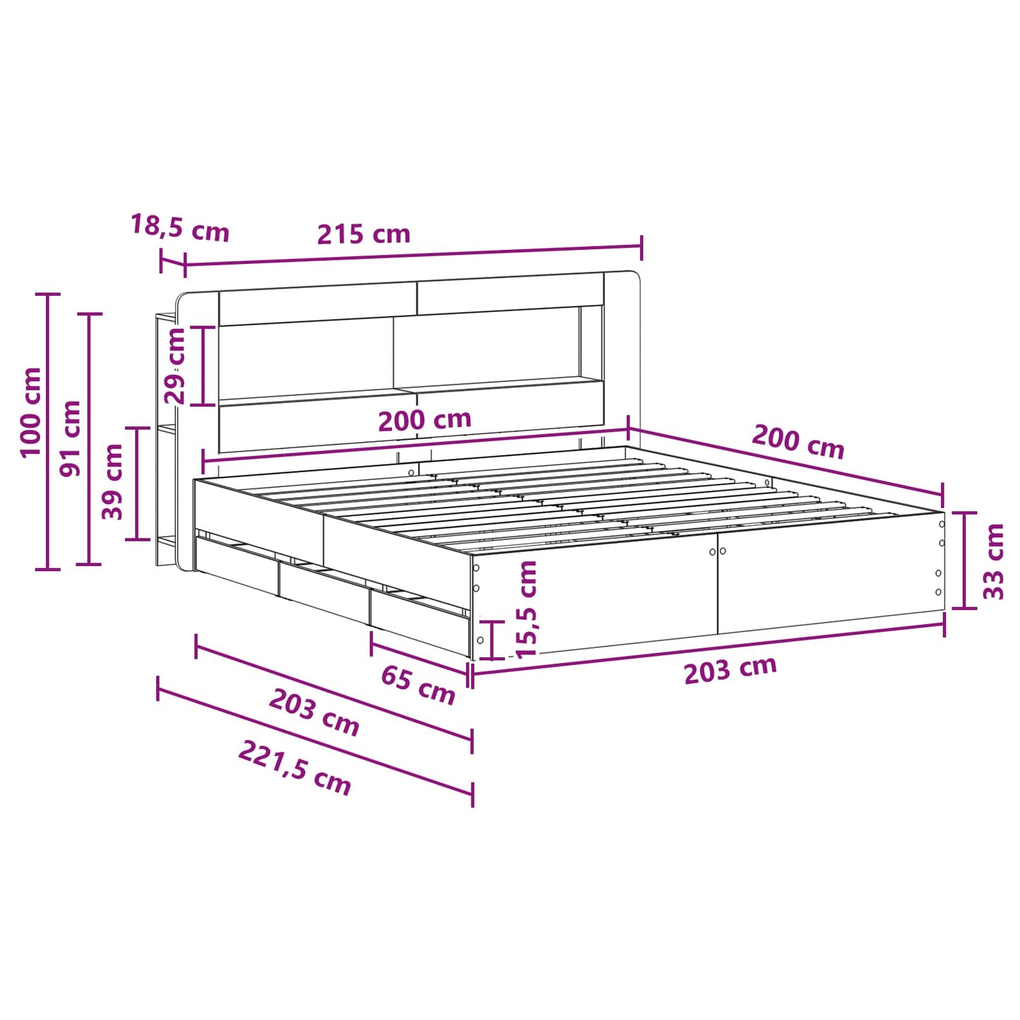 Sengestel med opbevaring med hovedgærde Grå Sonoma 200 x 200 cm