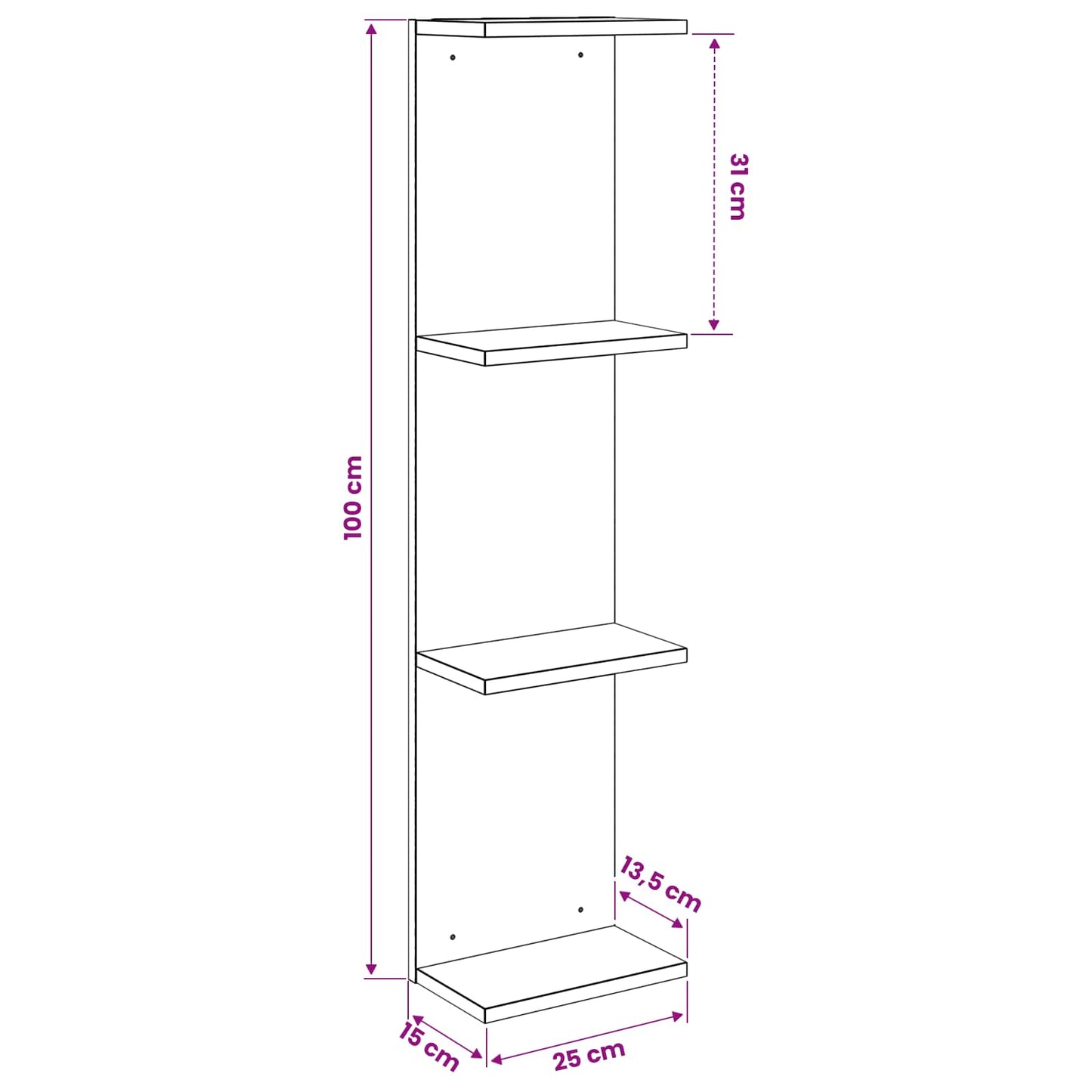 Væghylde 2 pcs Sort eg 25 x 15 x 100 cm Konstrueret træ