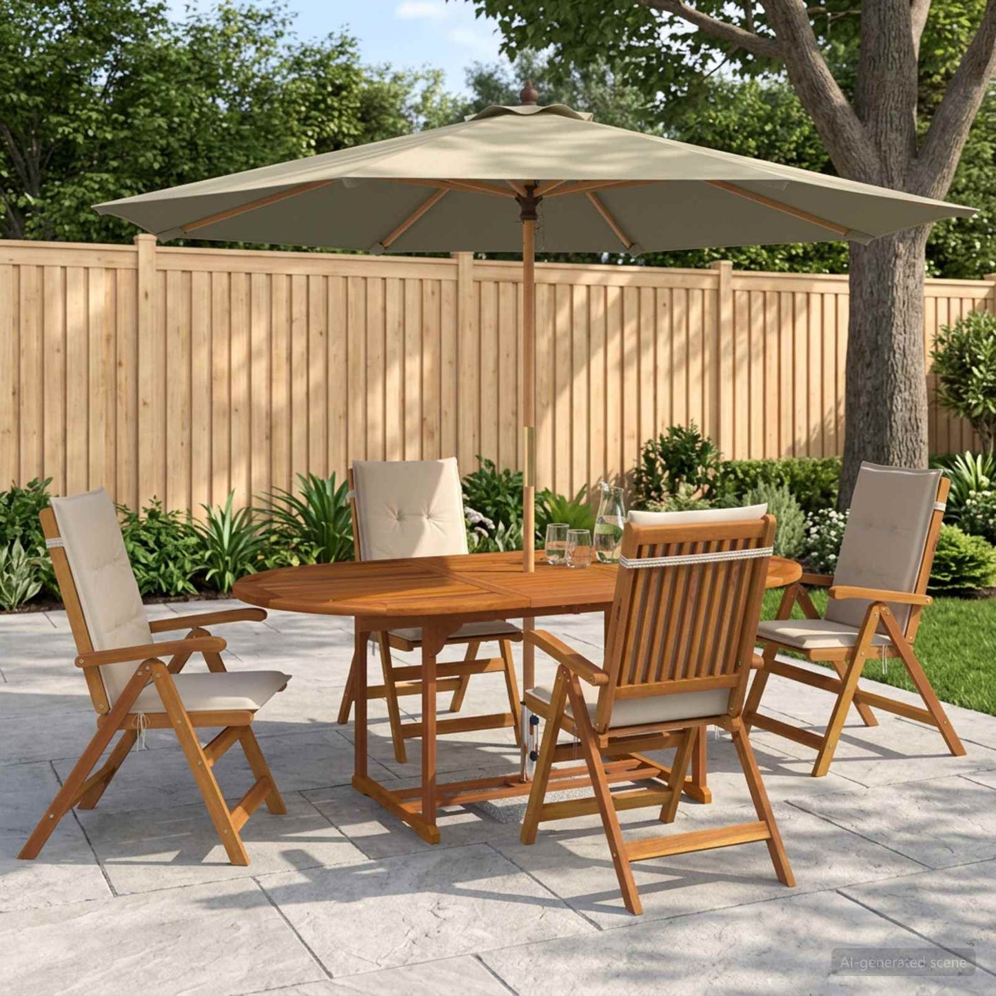 Udendørs spisebordssæt med parasol 6 stk. Cremehvid