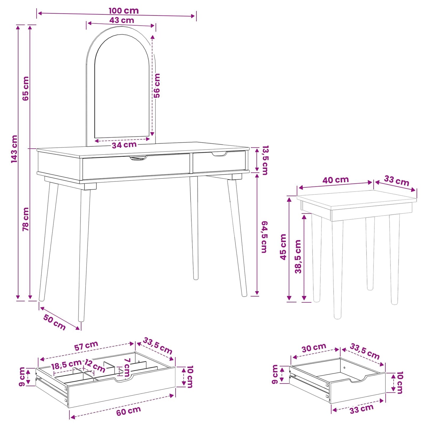 Makeupbord Sæt FAUSKE 3 pcs Hvid 100 x 50 x 143 cm