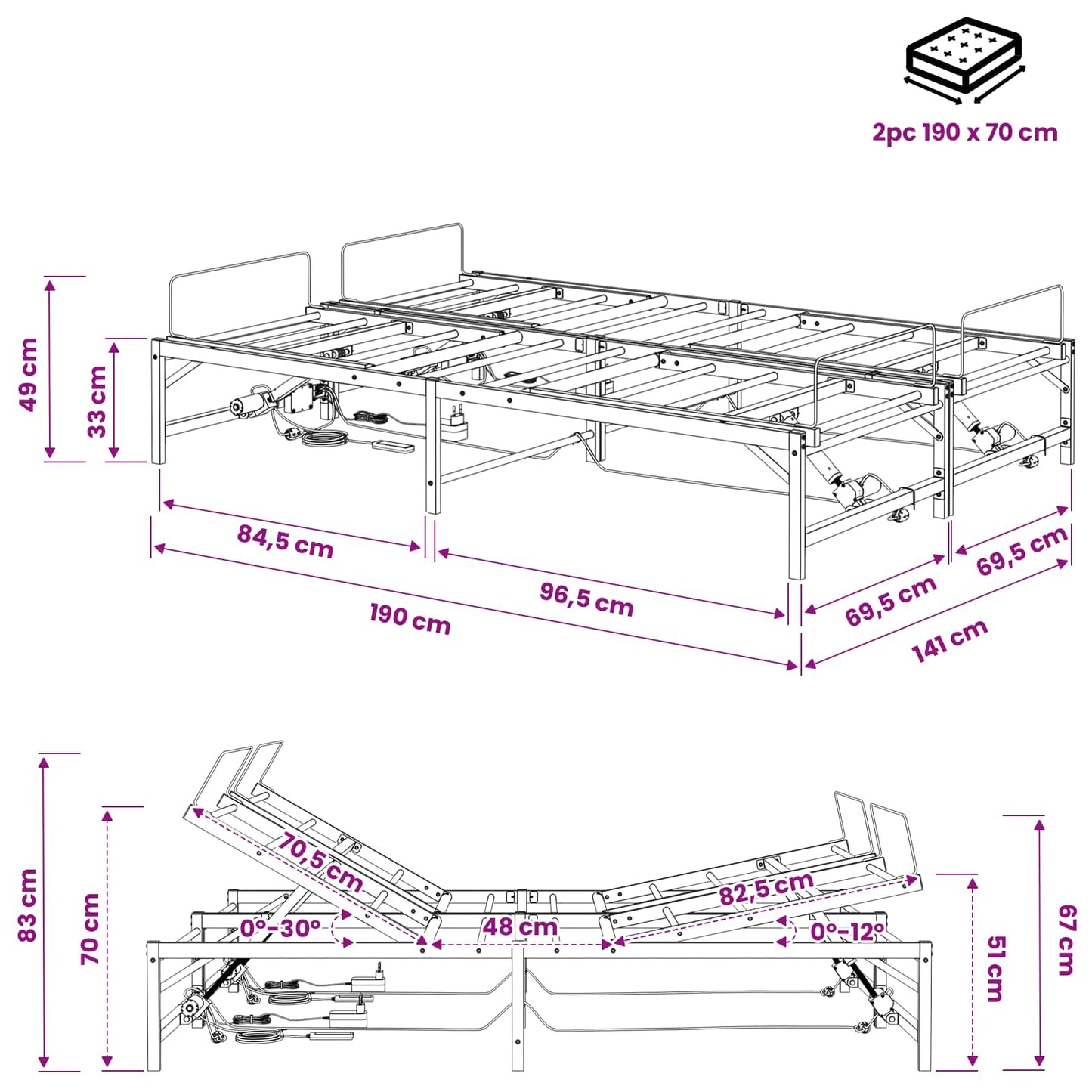 Elektrisk Justerbar Sengetramme Sort 140 x 190 cm Stål