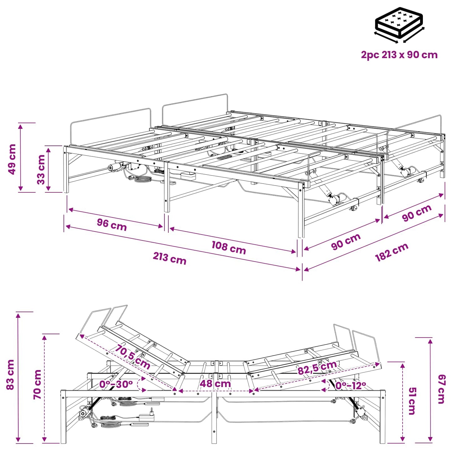 Elektrisk Justerbar Sengetramme Hvid 90 x 213 cm Stål