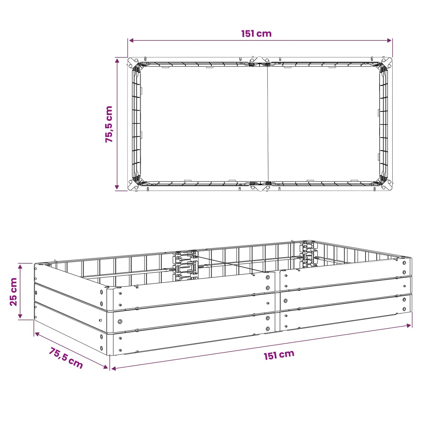 Hævet bed Sort 151 x 75,5 x 25 cm PP
