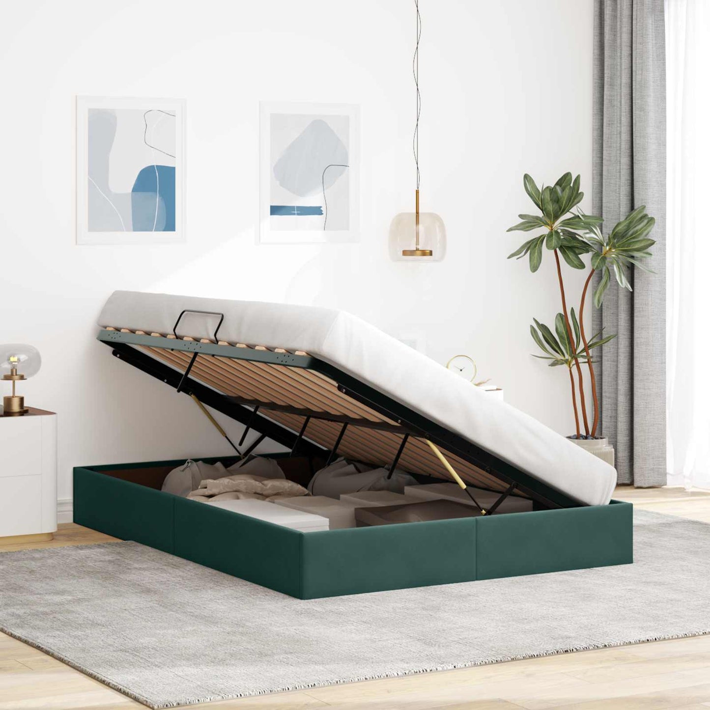 Ottoman Sengestel med opbevaring Mørkegrøn 140 x 190 cm Fløjl