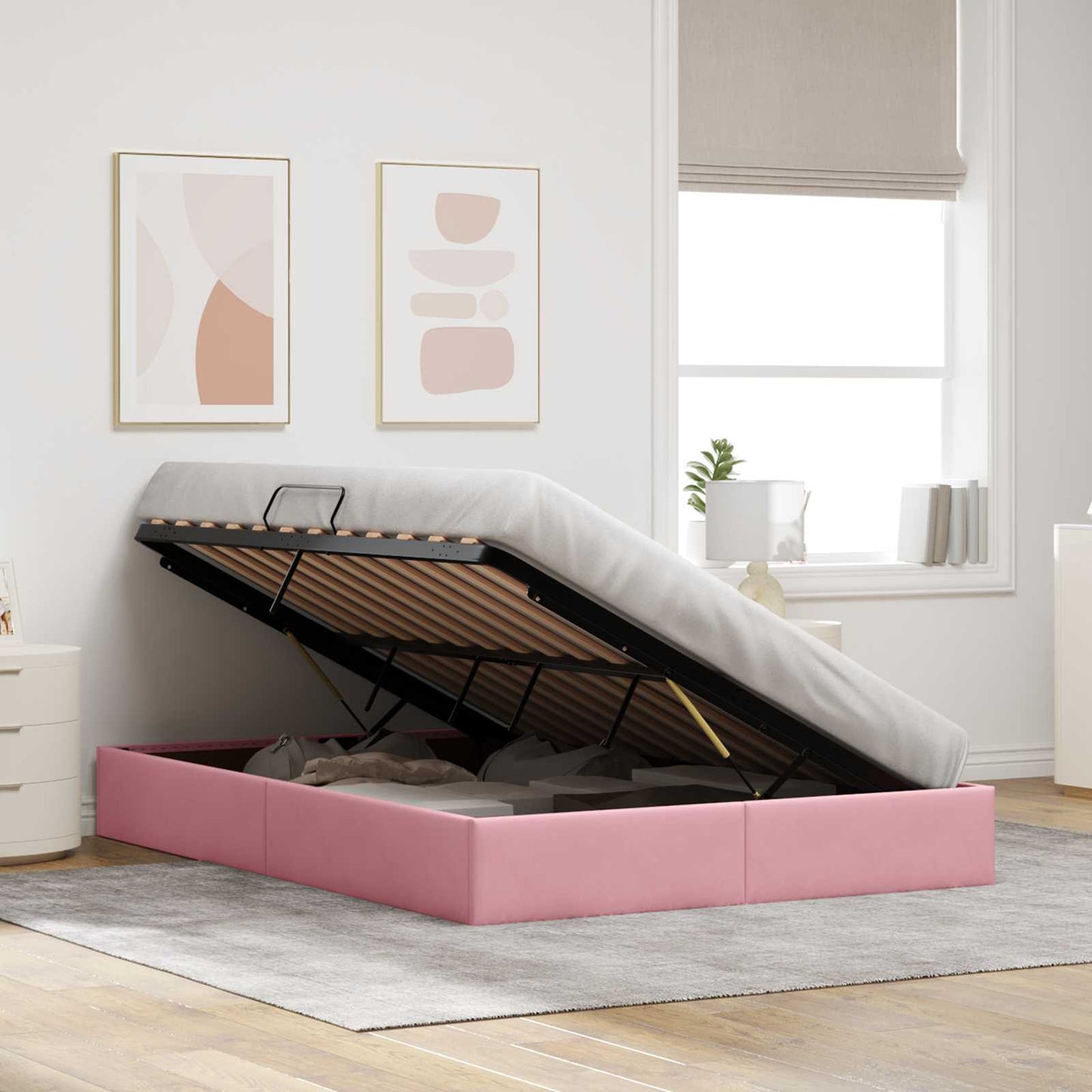 Ottoman Sengestel med opbevaring Lyserød 140 x 190 cm Fløjl