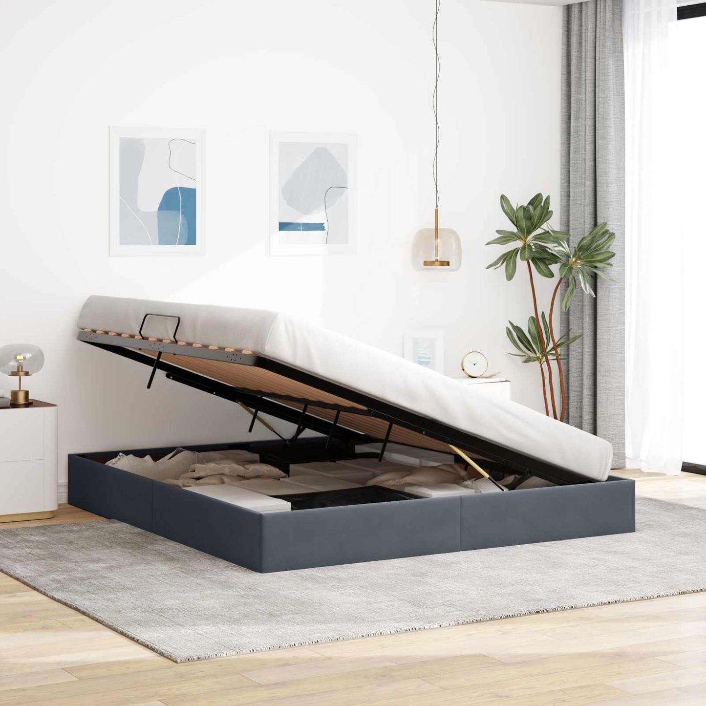 Ottoman Sengestel med opbevaring Mørkegrå 160 x 200 cm Fløjl