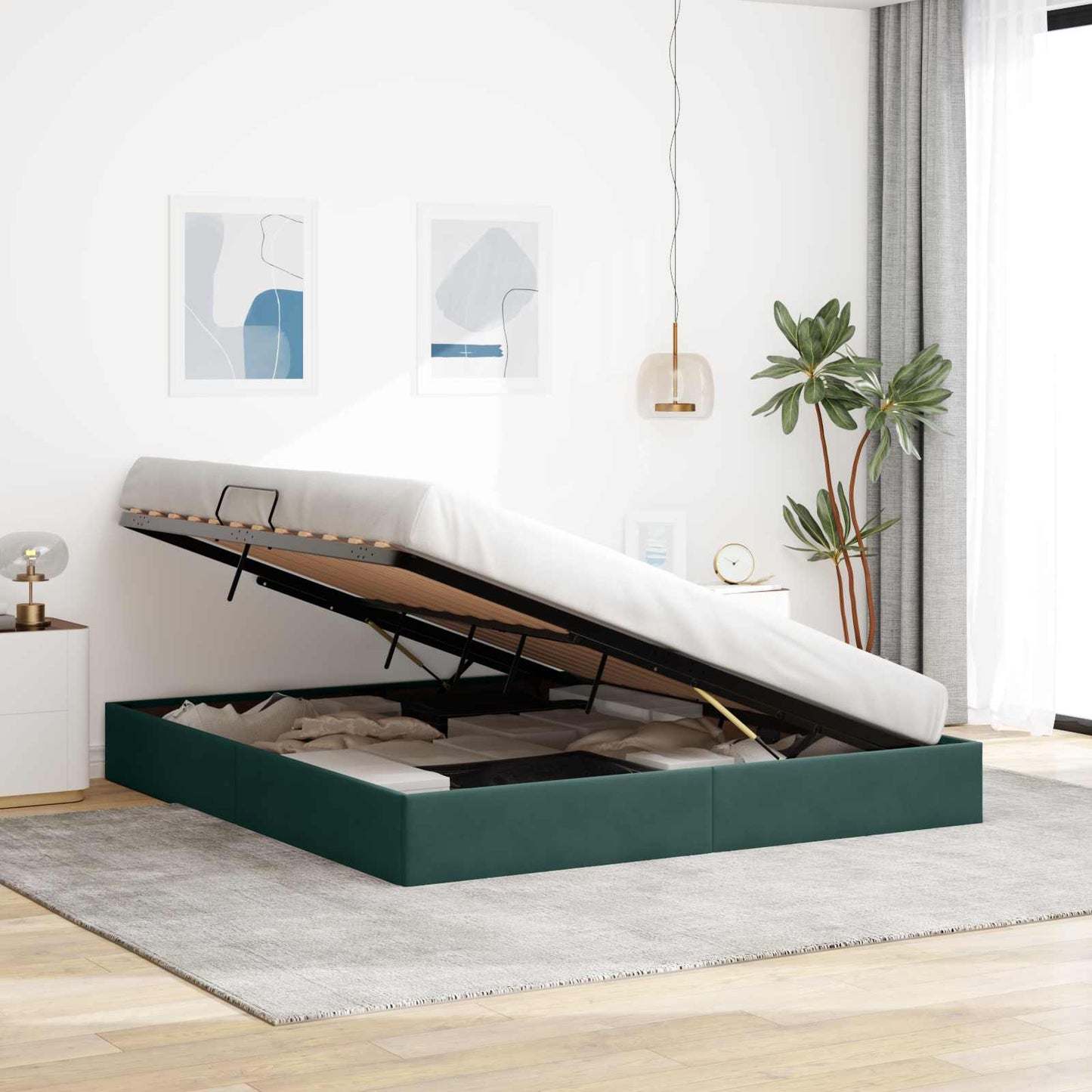 Ottoman Sengestel med opbevaring Mørkegrøn 160 x 200 cm Fløjl