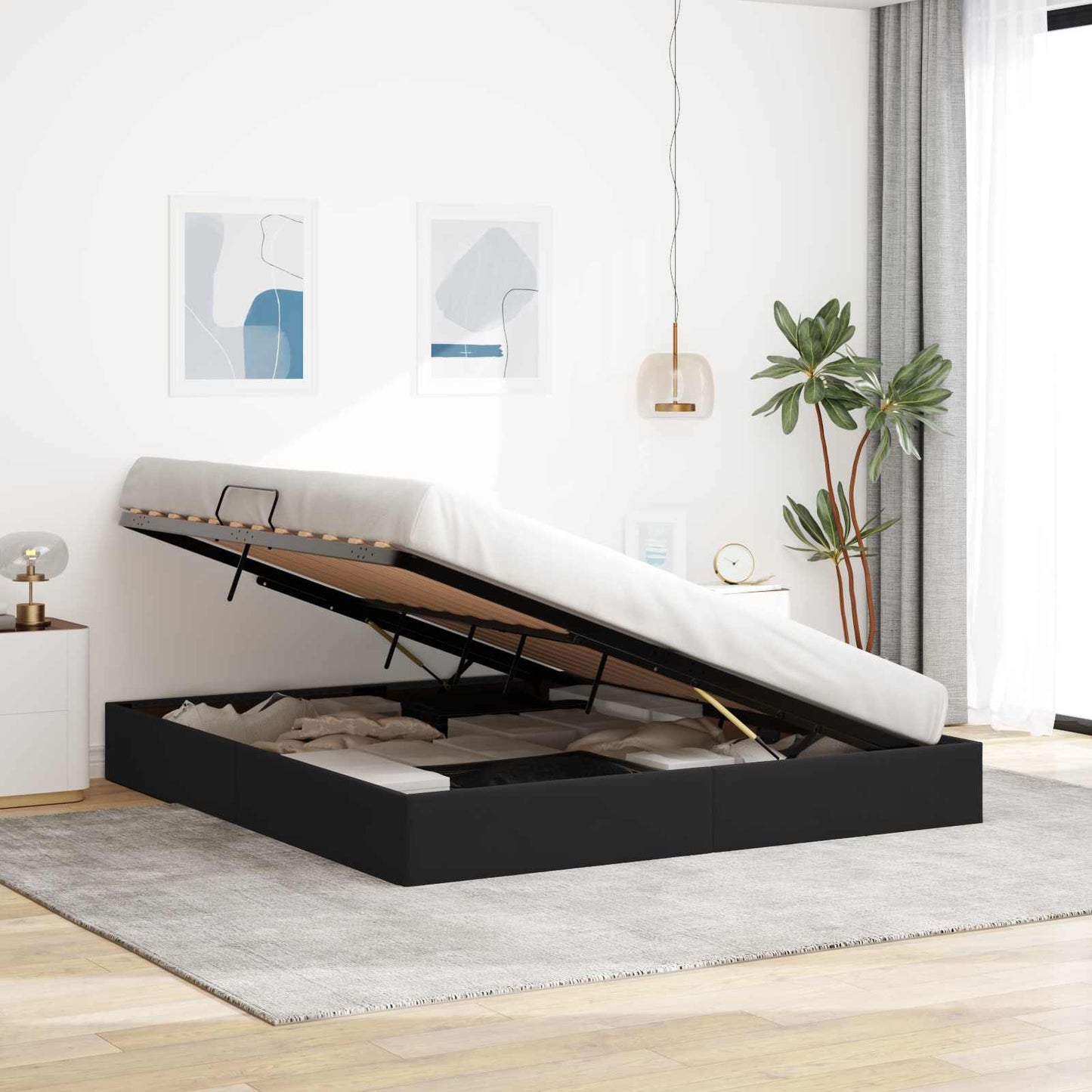 Ottoman Sengestel med opbevaring Sort 180 x 200 cm Fløjl