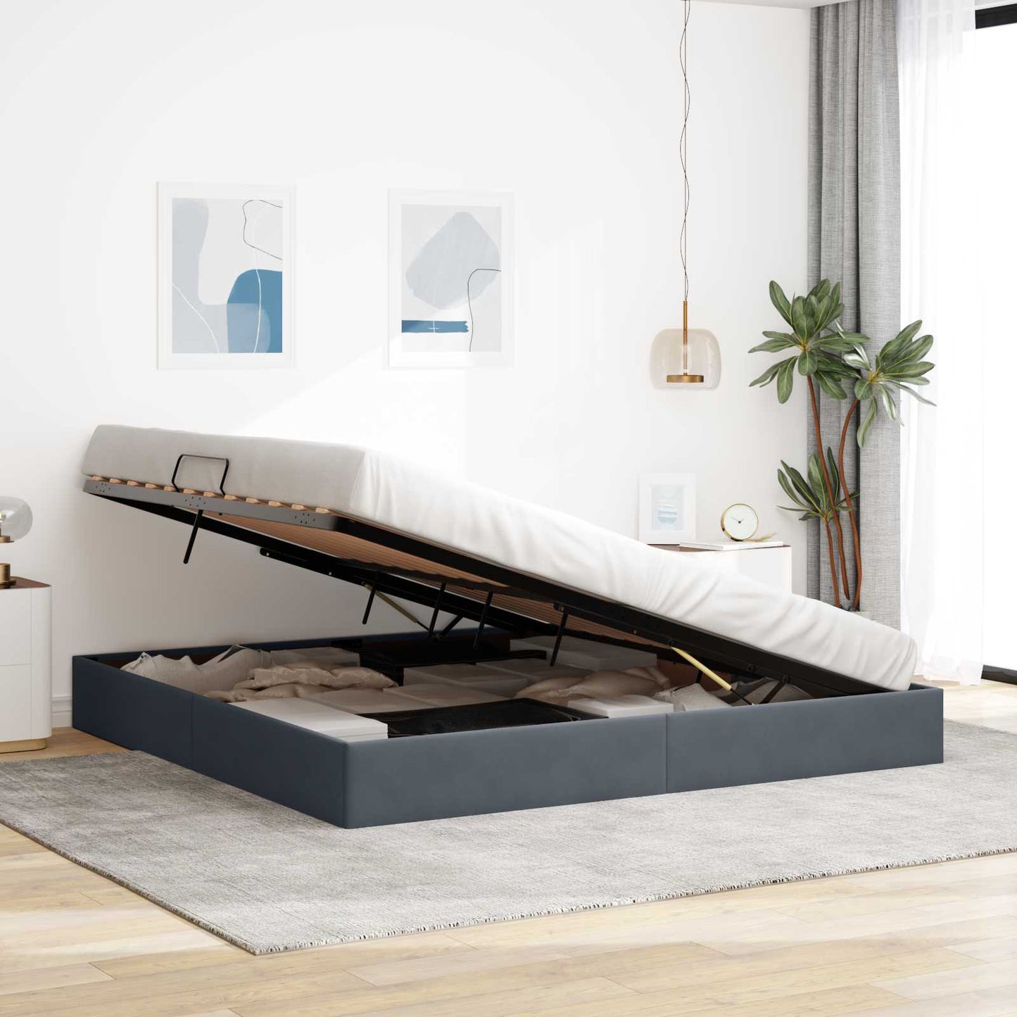 Ottoman Sengestel med opbevaring Mørkegrå 200 x 200 cm Fløjl