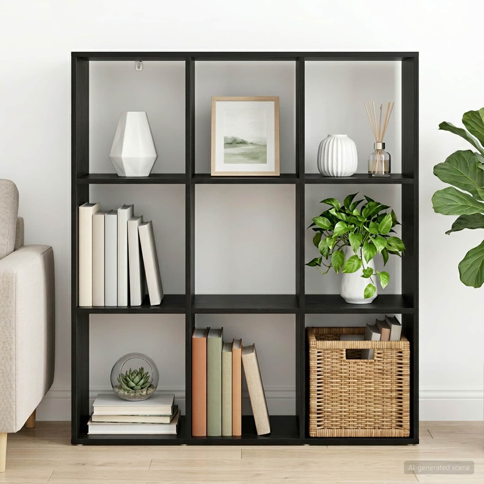 Bogskab i sort eg 102 x 29 x 103,5 cm - reol med 9 rum