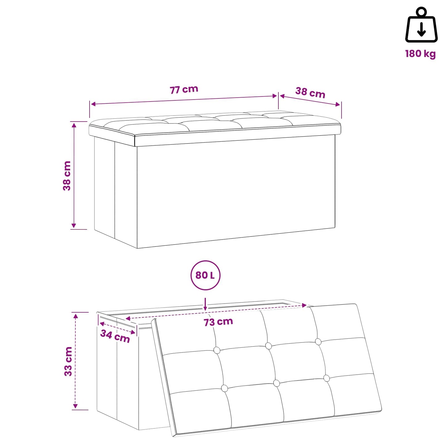 Foldbar opbevaringsbænk Mørkegrå 180 kg 80 L 77 x 38 x 38 cm