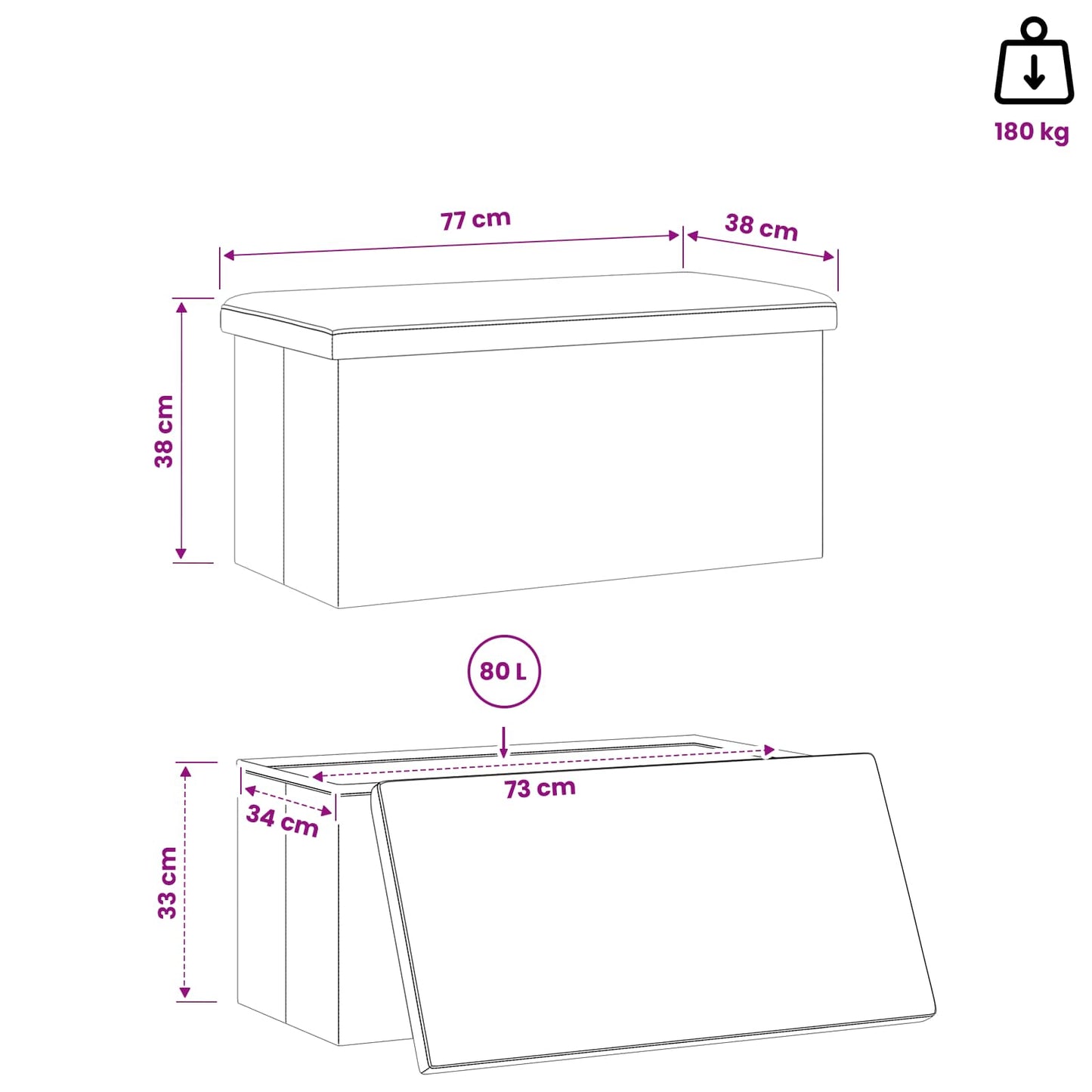 Foldbar opbevaringsbænk Grå 180 kg 80 L 77 x 38 x 38 cm PVC