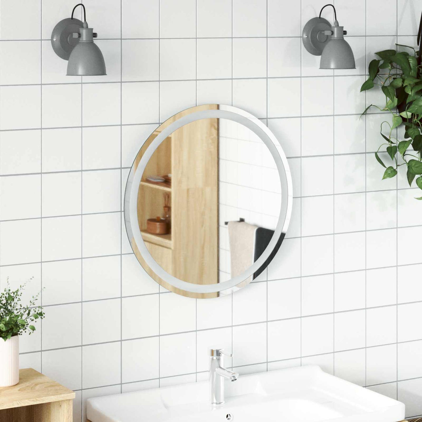 LED badeværelsesspejl med spejl Transparent Ø 60 cm hærdet glas