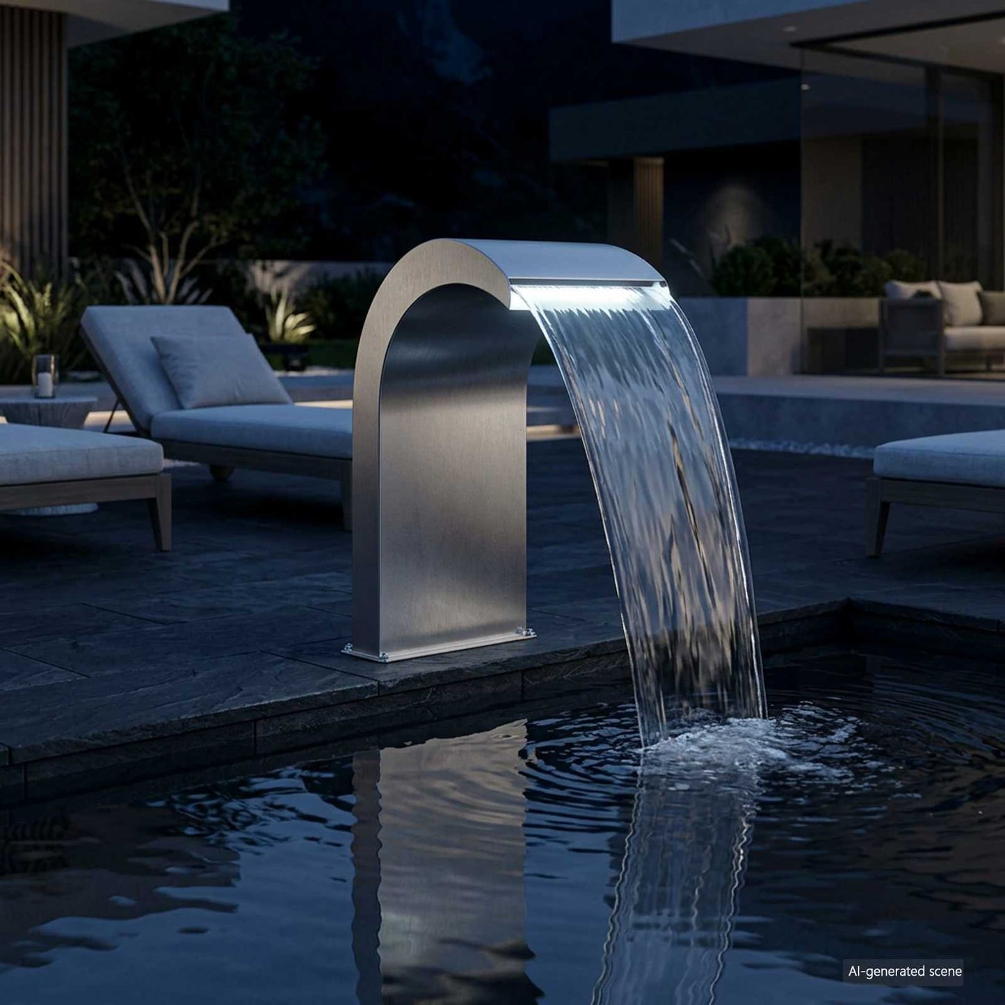 Poolvandfald med LED Rustfrit Stål 304 45 x 30 x 65 cm Sølv