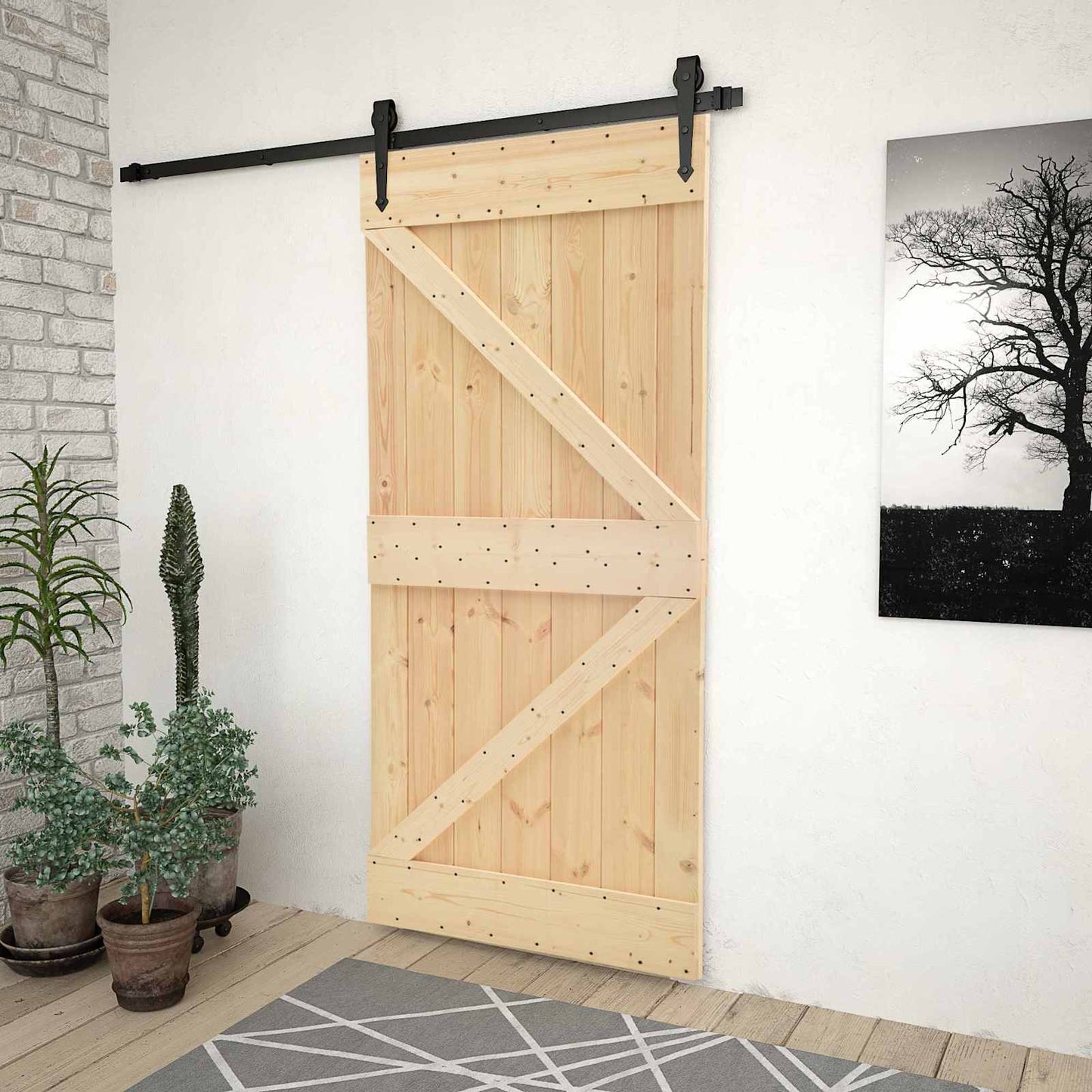 Skydedør 80 x 210 cm Massivt fyrretræ Naturfarvet og sort