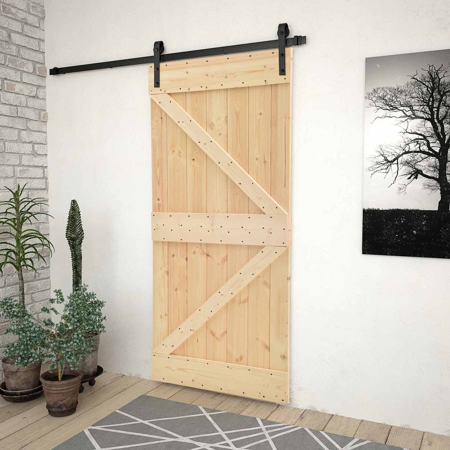 Skydedør Naturfarvet og sort 80 x 210 cm Massivt fyrretræ