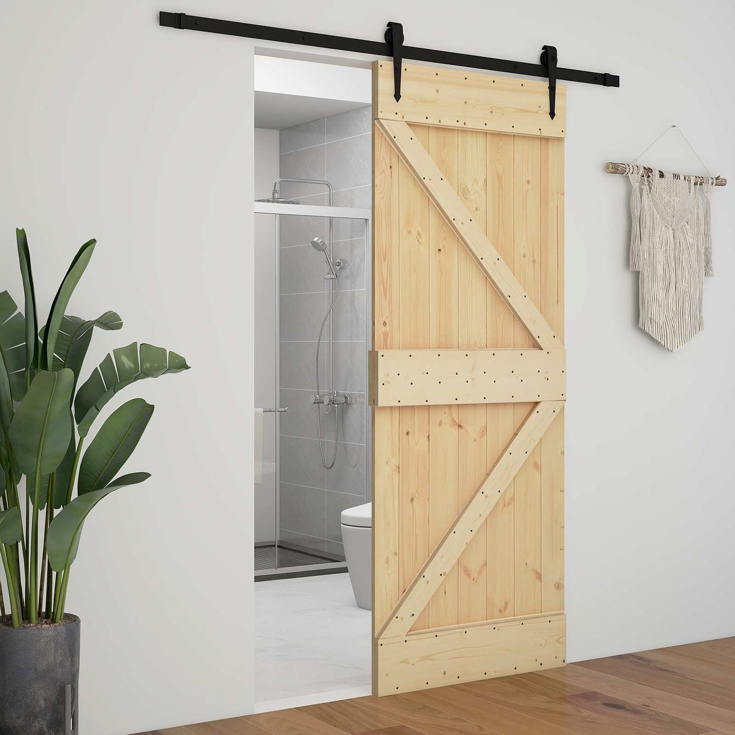 Skydedør 90 x 210 cm Massivt fyrretræ Naturfarvet og sort