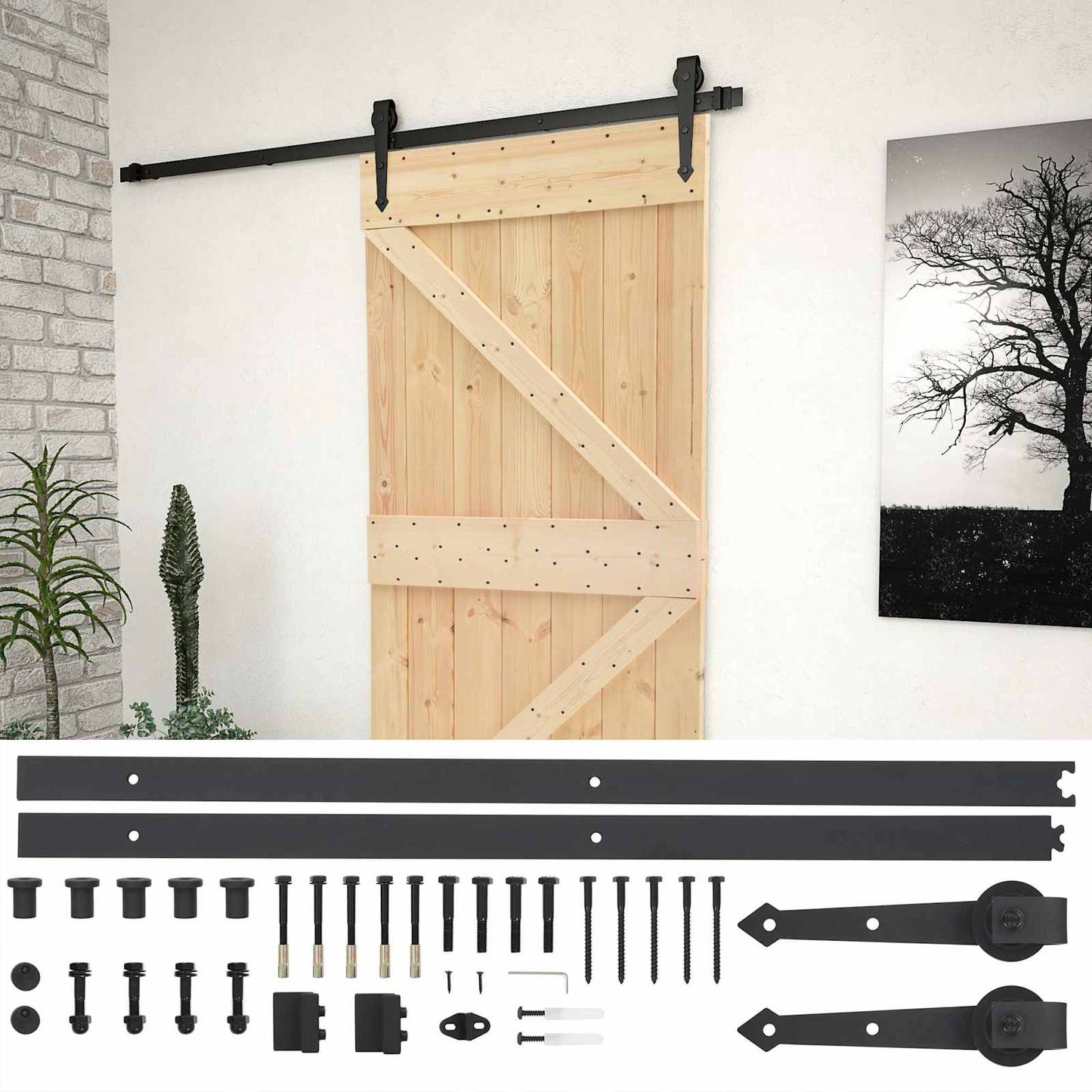 Skydedør 90 x 210 cm Massivt fyrretræ Naturfarvet og sort