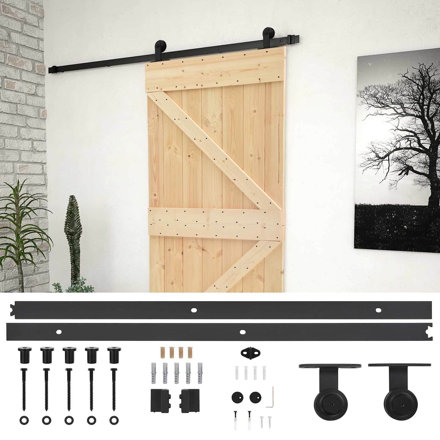 Skydedør Naturfarvet og sort 90 x 210 cm Massivt fyrretræ