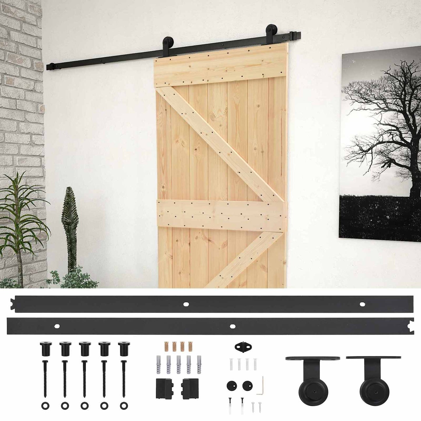 Skydedør Naturfarvet og sort 90 x 210 cm Massivt fyrretræ