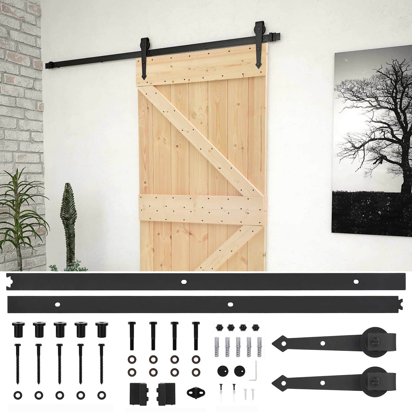 Skydedør Naturfarvet og sort 100 x 210 cm Massivt fyrretræ