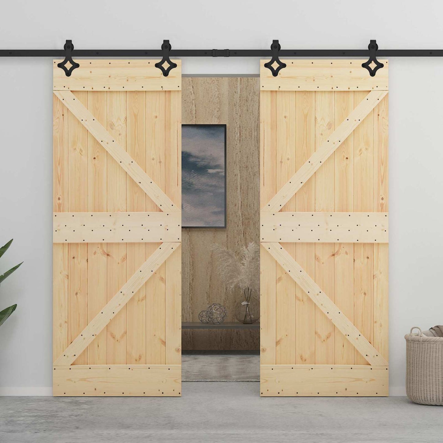 Skydedør Naturfarvet og sort 100 x 210 cm Massivt fyrretræ