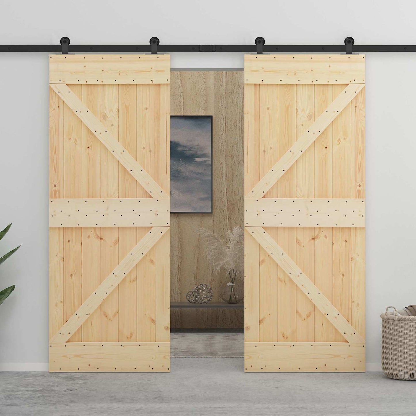 Skydedør Naturfarvet og sort 100 x 210 cm Massivt fyrretræ
