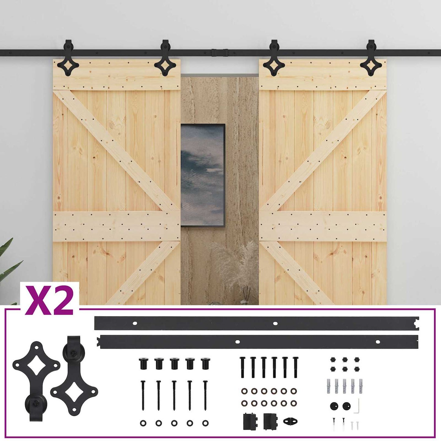 Skydedør 2 pcs 80 x 210 cm Massivt fyrretræ Naturfarvet og sort