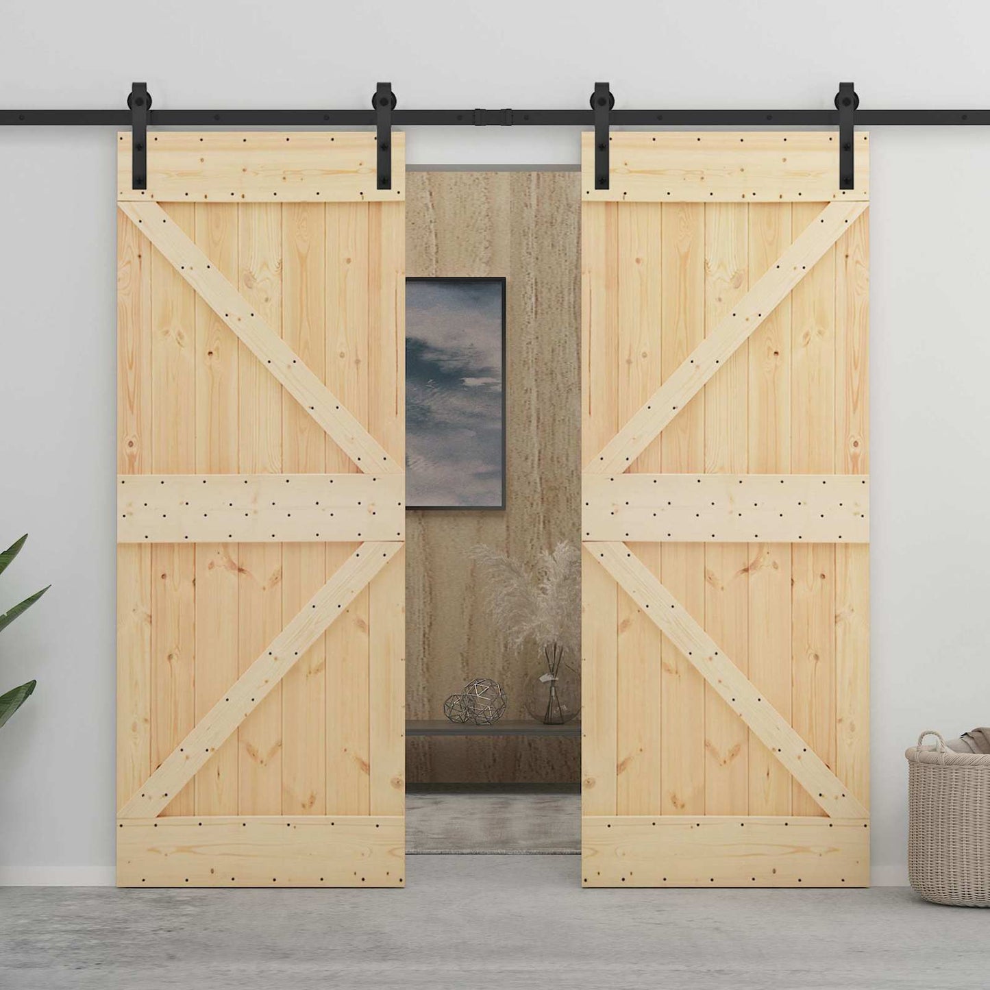 Skydedør 2 pcs Naturfarvet og sort Massivt fyrretræ