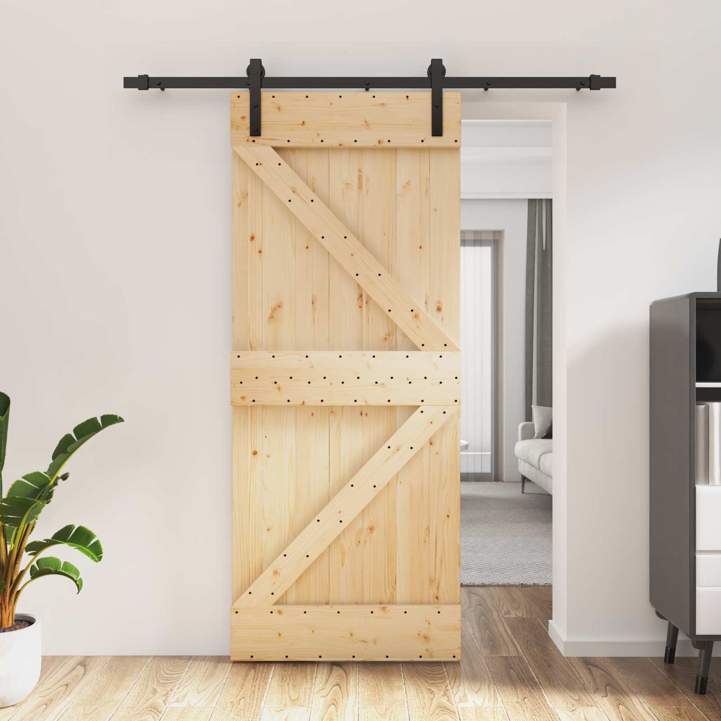 Skydedør Naturfarvet og sort 85 x 210 cm Massivt Fyrretræ