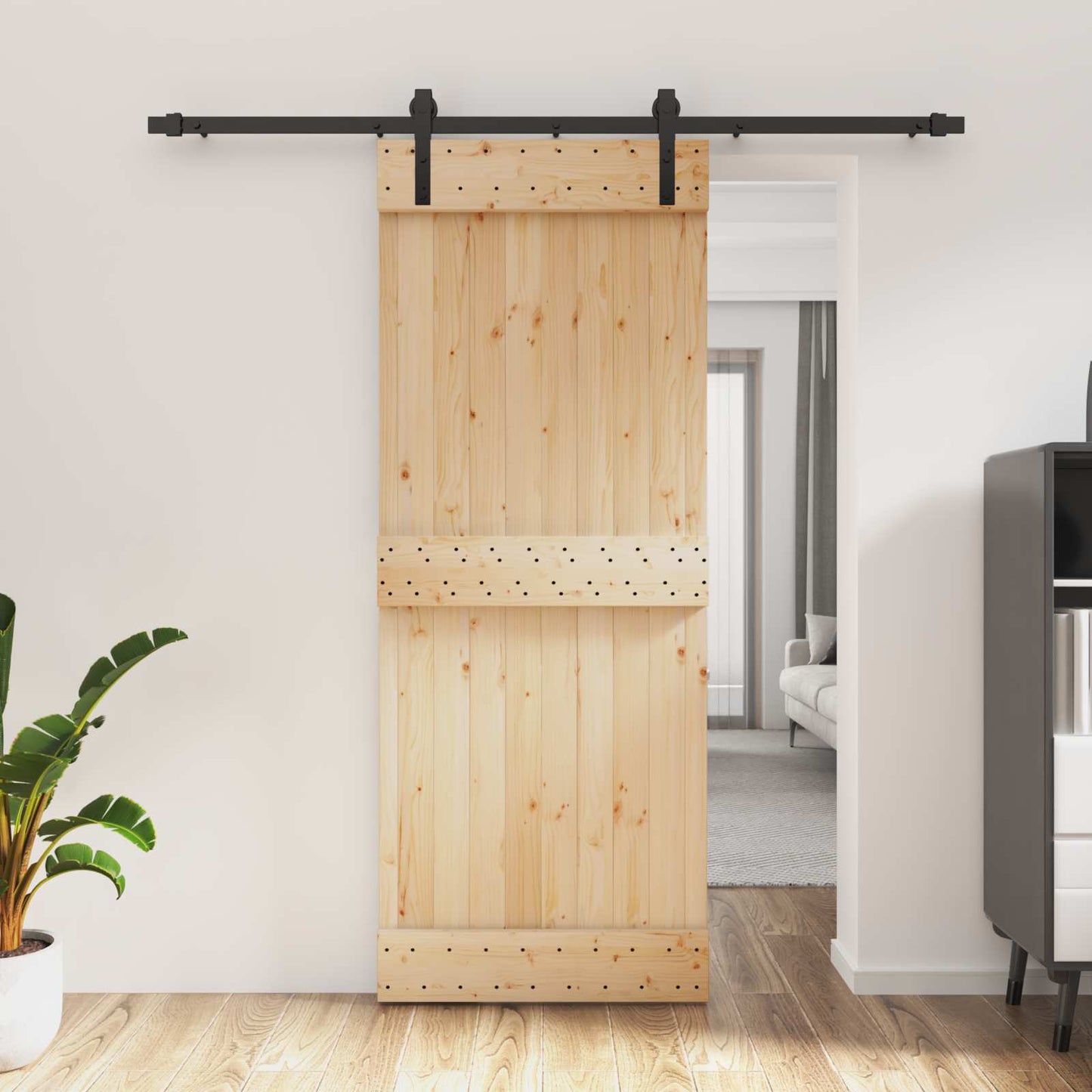 Skydedør Naturfarvet og sort 80 x 210 cm Massivt Fyrretræ
