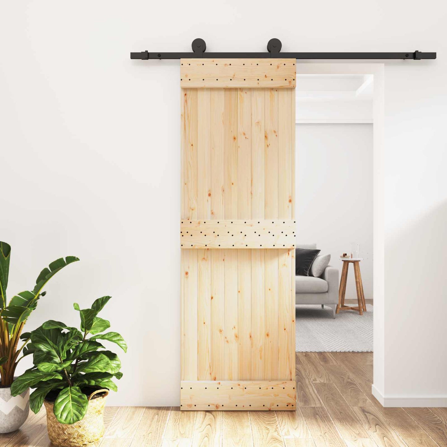 Skydedør Naturfarvet og sort 70 x 210 cm Massivt Fyrretræ