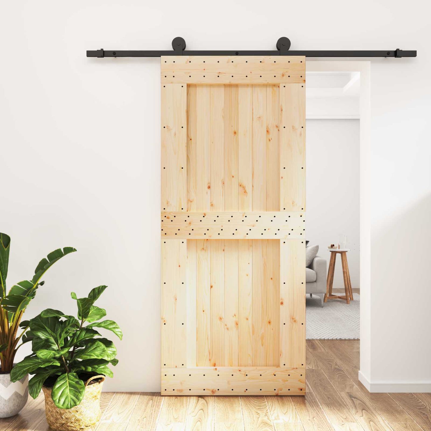 Skydedør Naturfarvet og sort 90 x 210 cm Massivt Fyrretræ