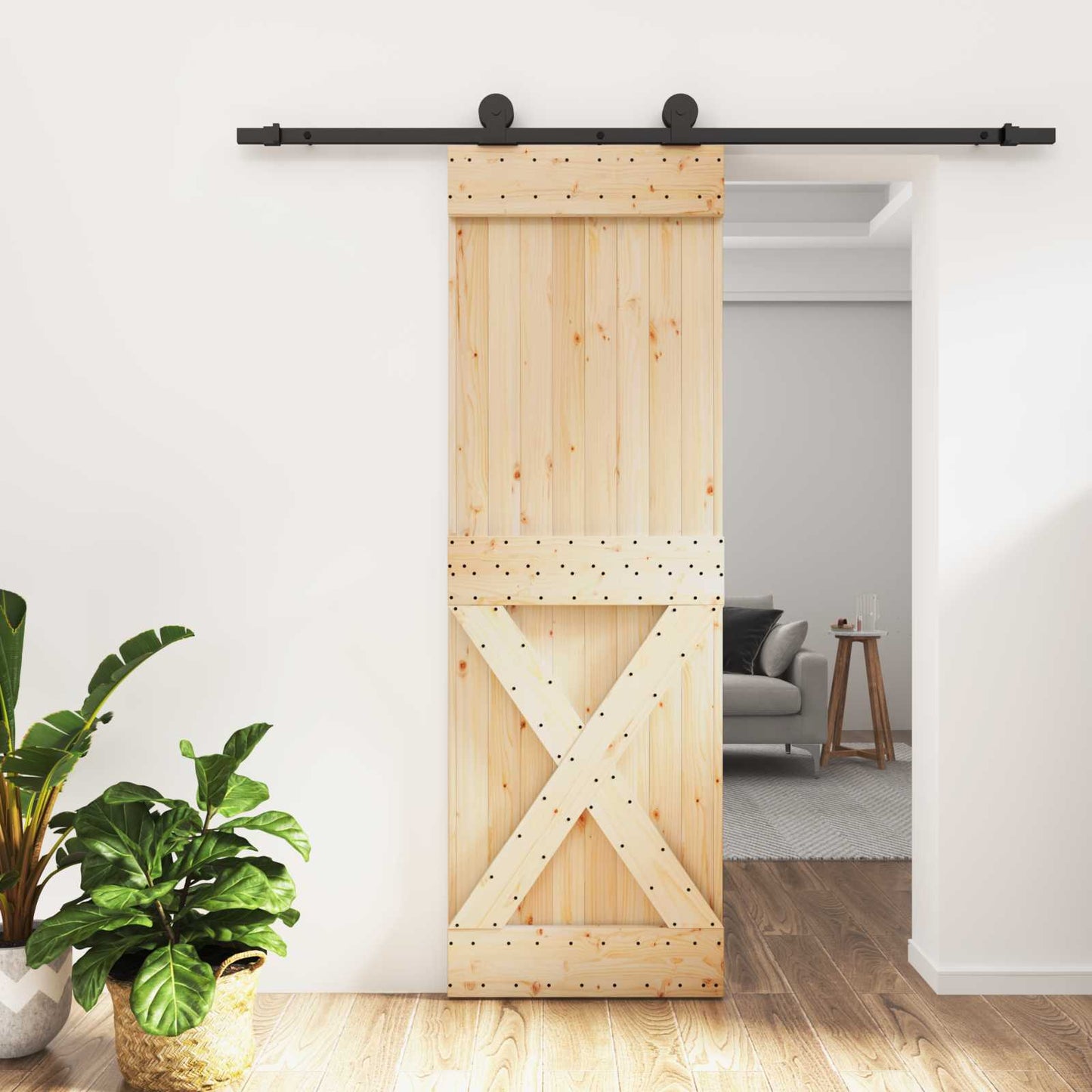 Skydedør Naturfarvet og sort 70 x 210 cm Massivt Fyrretræ