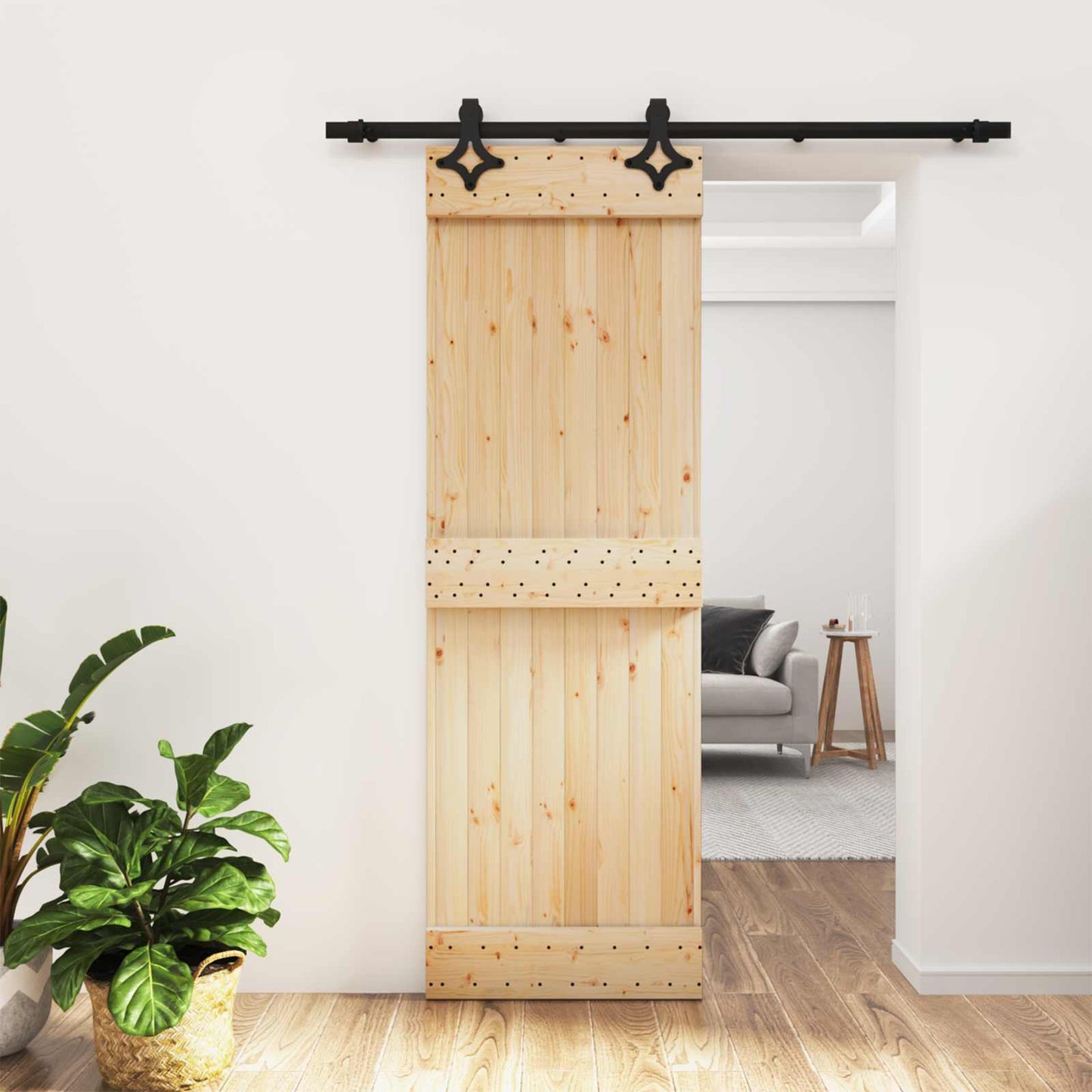 Skydedør Naturfarvet og sort 70 x 210 cm Massivt Fyrretræ